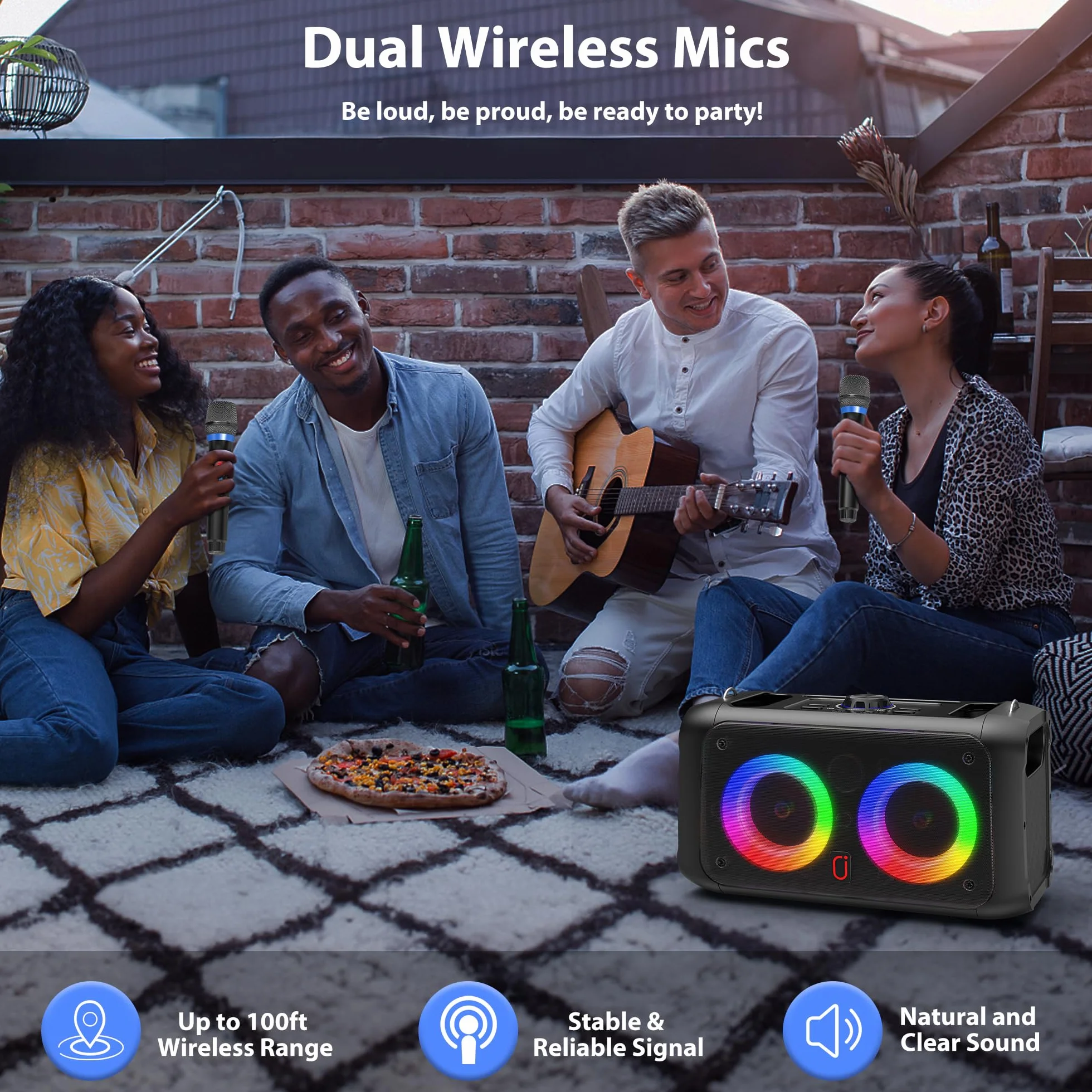 JYX Máquina de Karaoke, Karaoke 2 microfonos inalambricos, Sistema PA para Adultos con Luces LED, soporta TWS/AUX/USB/TF, Ideal para Fiestas y animaciones (T22-T)