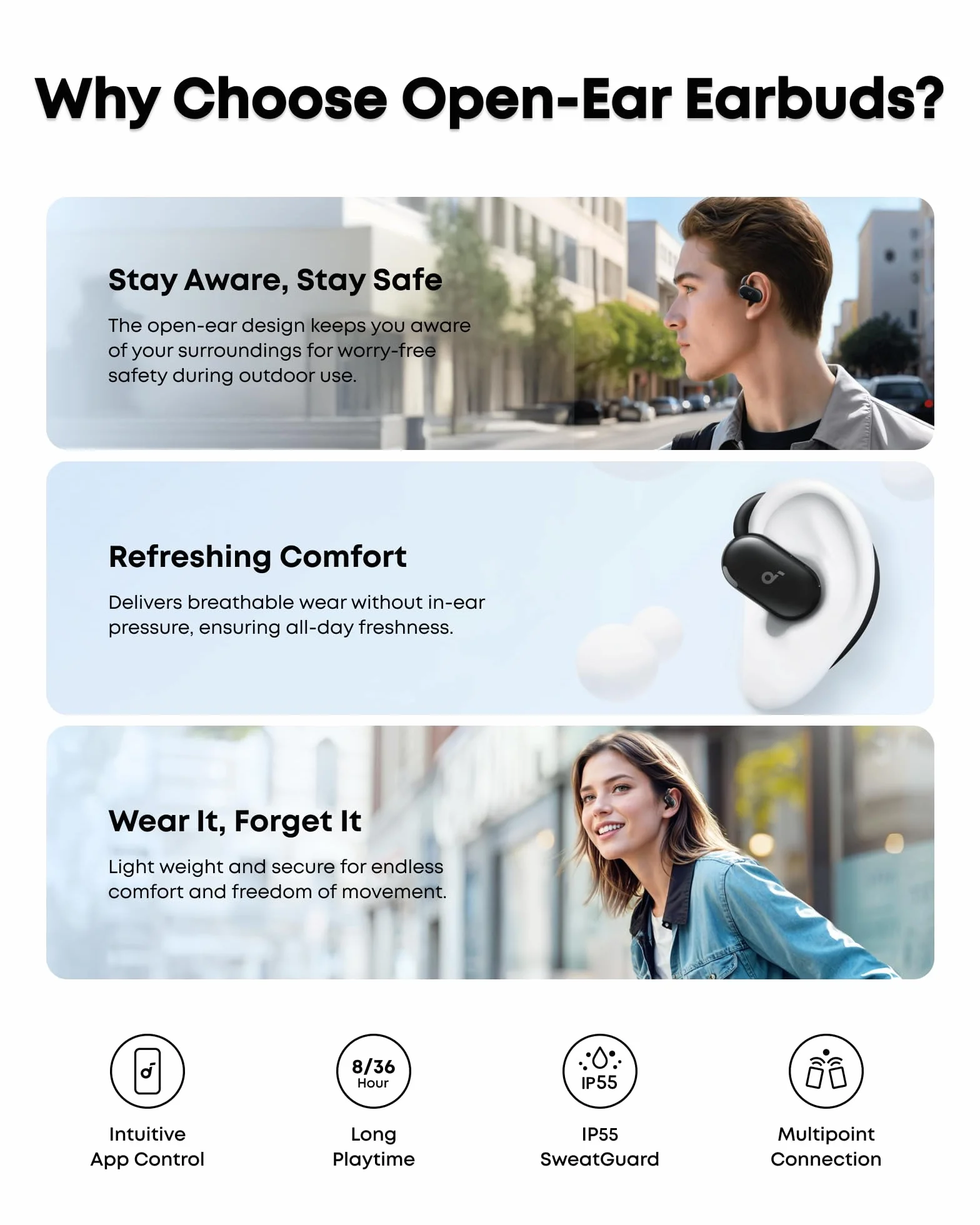 Soundcore Anker V20i Auriculares Open-Ear, Ganchos Giratorios para Orejas, Ajuste Ceñido, Graves Potentes, Llamadas Nítidas, IP55, Luces Led, 36 h de Autonomía, Bluetooth 5.4, Conexión Multipunto
