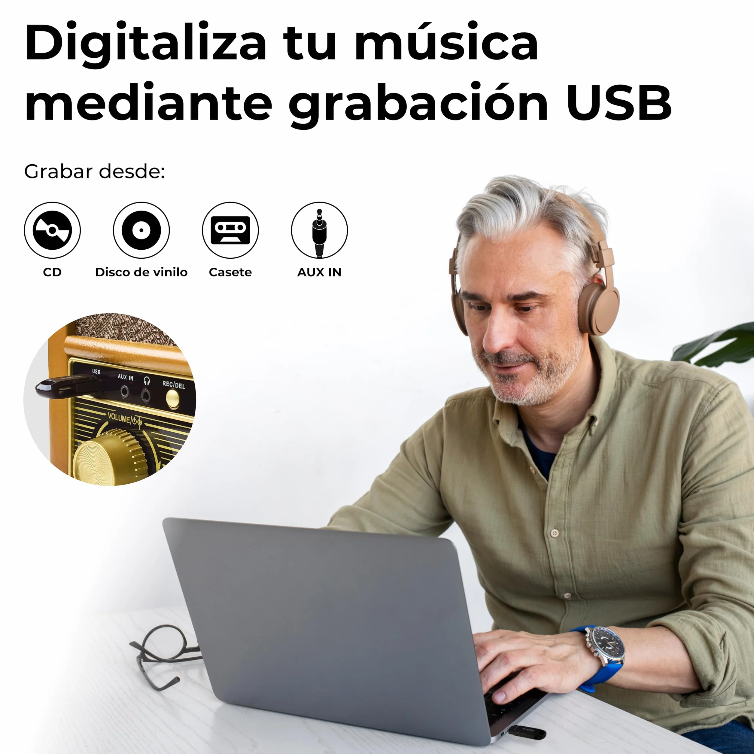Denver MRD-51 Cadena Musical Retro Madera, Tocadiscos, CD, Casete, Dab+/FM, USB, grabación a USB, Altavoces Integrados