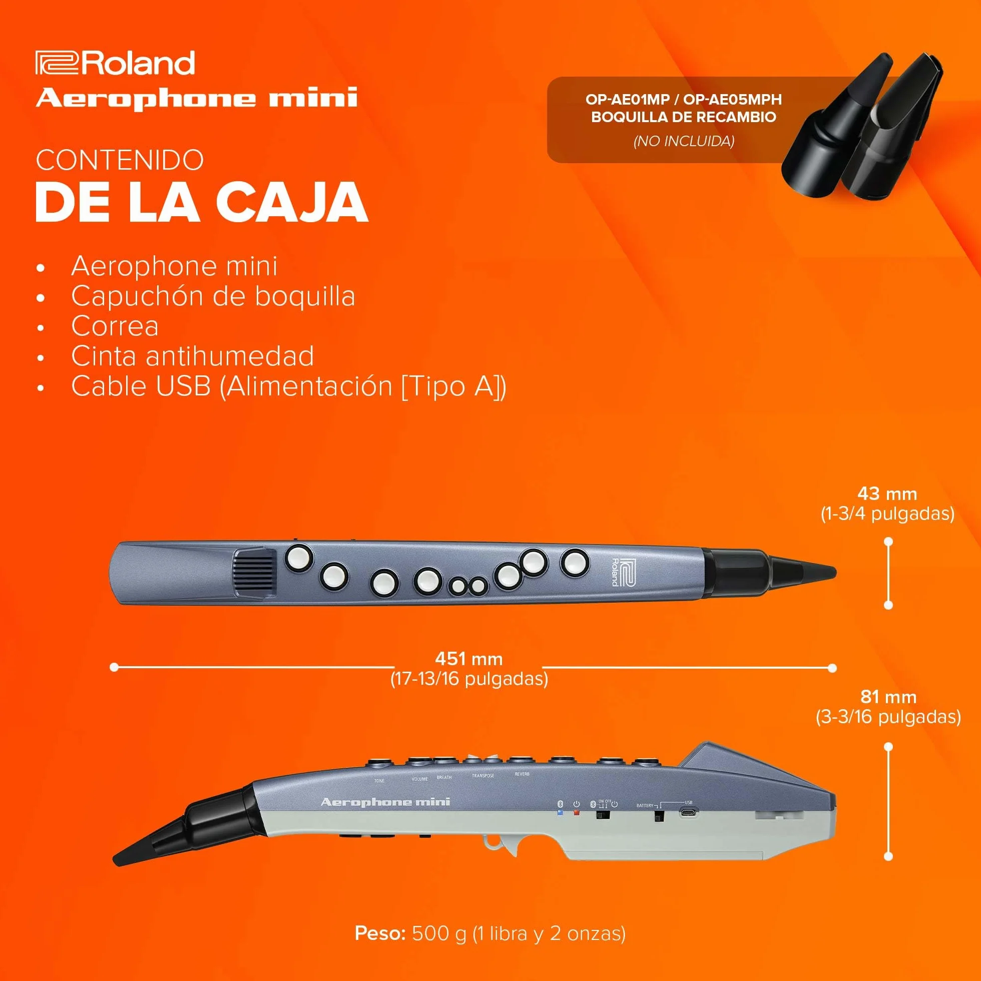 Roland AE-01 Aerophone mini | Instrumento de viento digital compacto | Fácil de aprender | 6 fantásticos sonidos incorporados | Altavoz integrado | Conectividad con auriculares