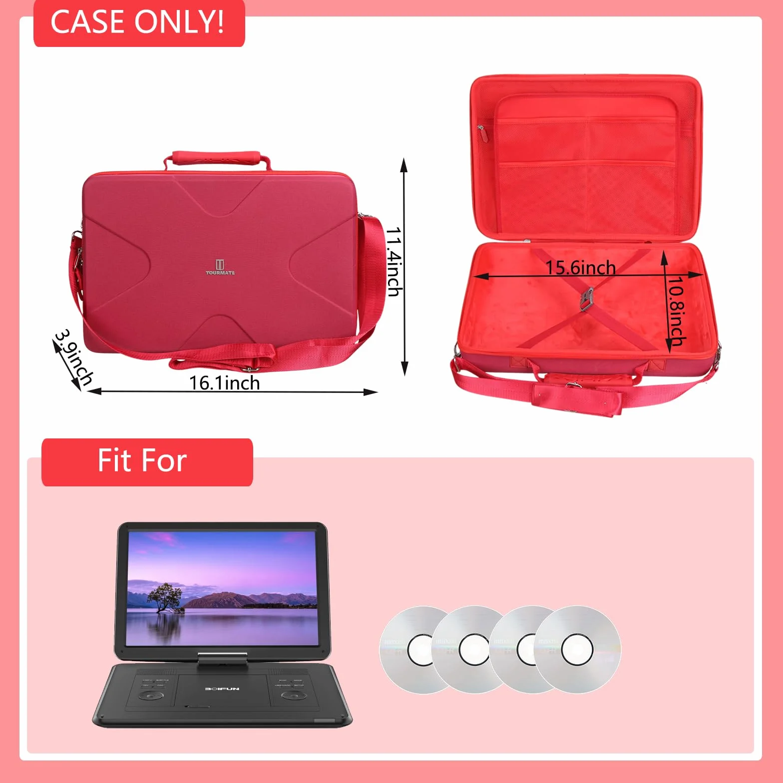 Tourmate Funda rígida de almacenamiento para reproductor de DVD portátil BOIFUN/POFOTO/YOTON de 17.5 pulgadas, 16.9 pulgadas, 15.5 pulgadas, PJGCWB 16.9 pulgadas, POFOTO 15.7 pulgadas (solo caja