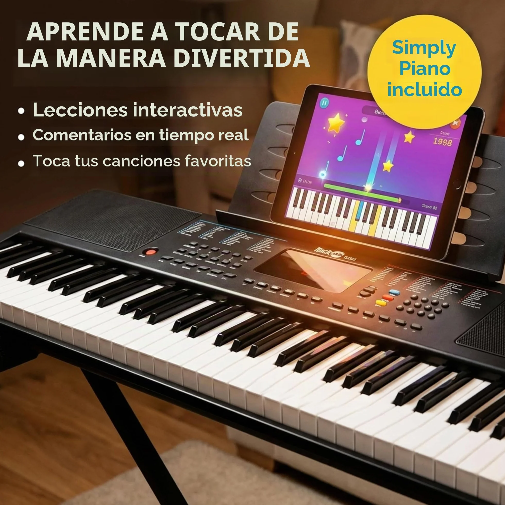 Teclado RockJam compacto de 61 teclas con soporte para partituras, fuente de alimentación, pegatinas para notas de piano y lecciones de piano simples