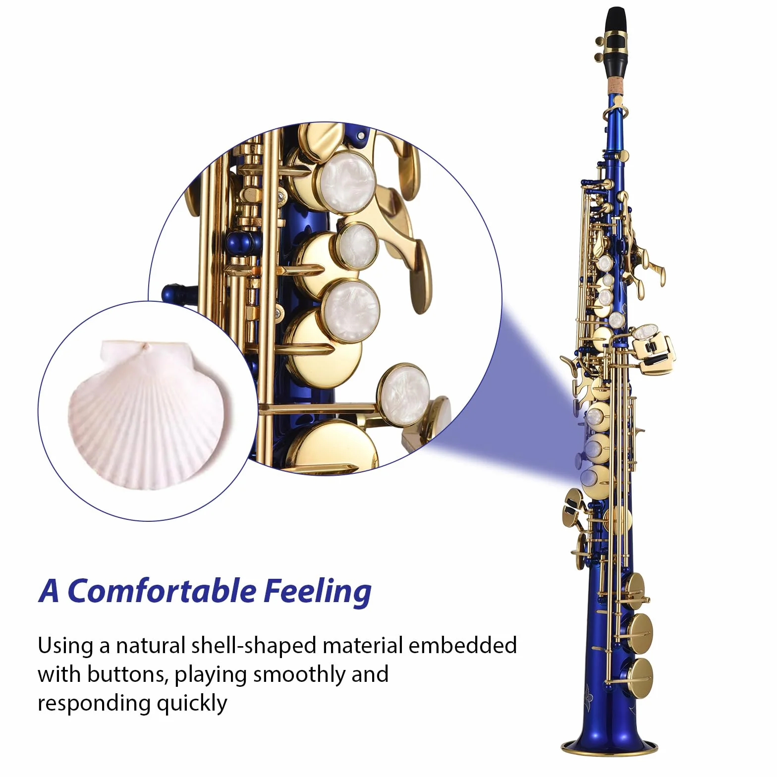 Btuty Saxofón soprano recto B♭ Si bemol Instrumento de viento de madera para estudiantes y principiantes con llave de concha natural en Azul, hecho de Latón