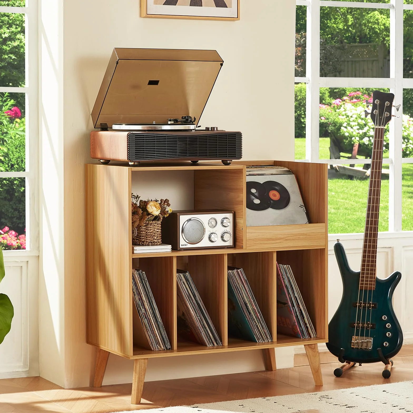Gran soporte para discos con almacenamiento, soporte para tocadiscos con estante, soporte para discos de vinilo con área de exhibición, soporte para discos para hasta 300 álbumes, estantería para