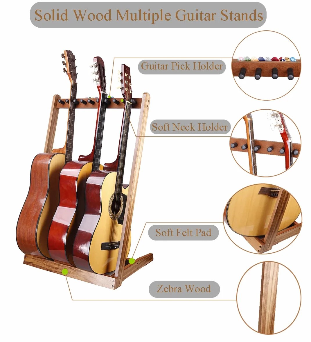 Soportes de Guitarra,HilerPunk Soportes de Guitarra de Madera Múltiple,Soporte de Guitarra de Suelo con Ranura para Púas de Fieltro y Estacas de Madera de Espuma Ajustables,para Casa o Estudio