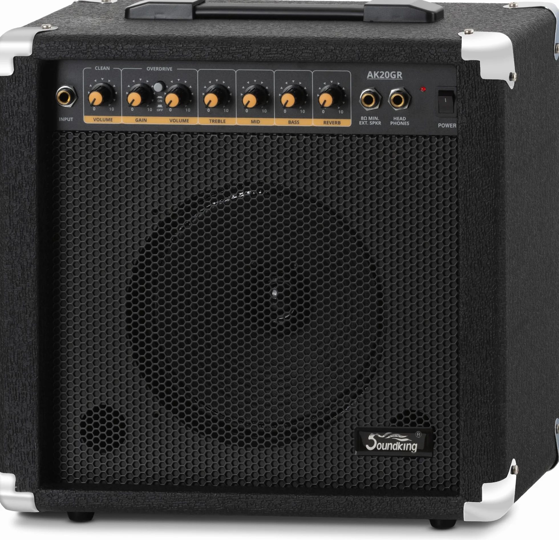Amplificador de Guitarra Soundking AK20-GR 60W, Ecualizador 3 Bandas, Altavoz 8", 2 Canales (Limpio y Overdrive), Salida Auriculares, conexión Altavoz, Esquinas Protectoras Resistentes.