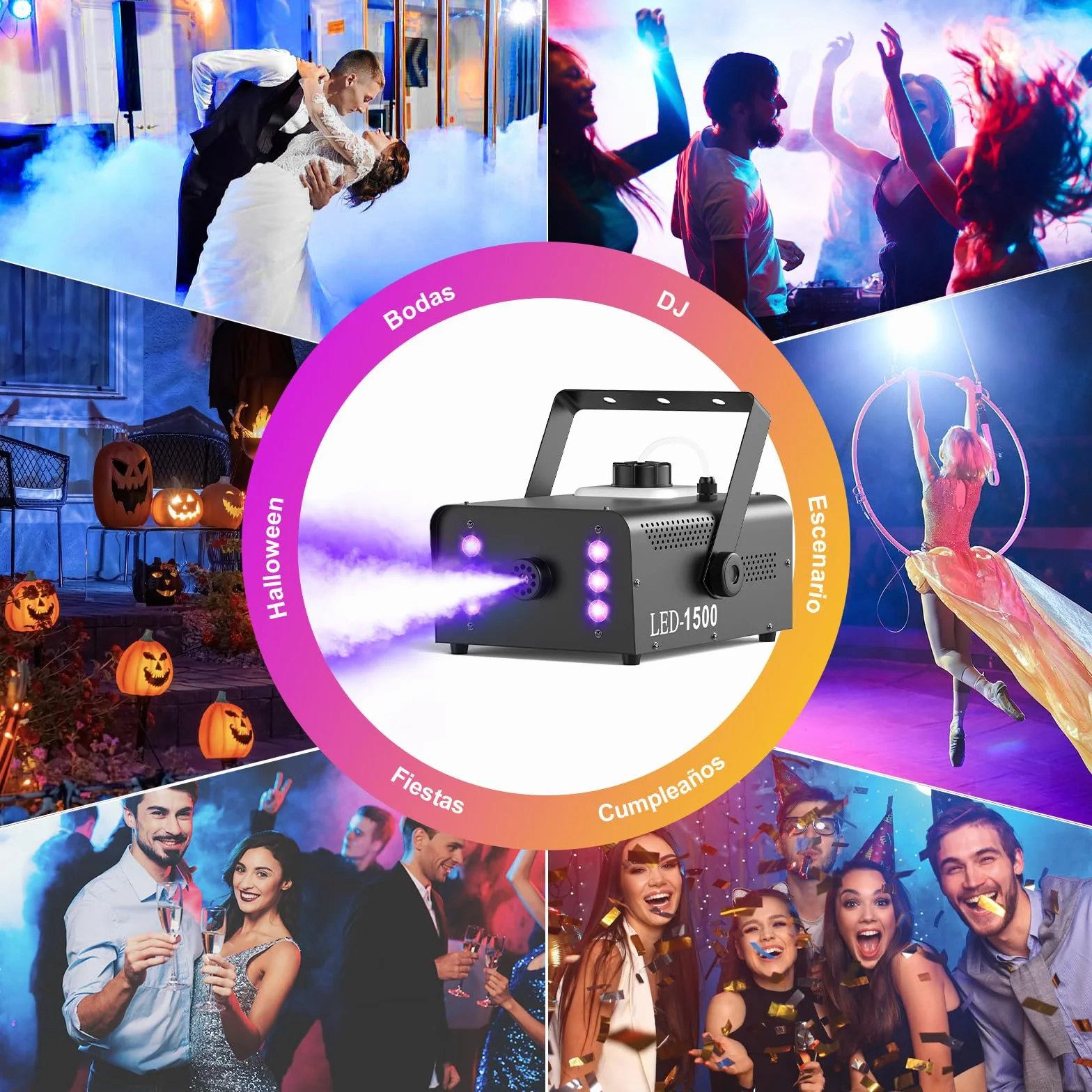 UKing 1500W Máquina de Humo con 6 LED RGB, Máquina de Humo para Fiestas con Control Remoto y 1L Tanque, Alto Volumen de Niebla, para Halloween, Navidad y bodas