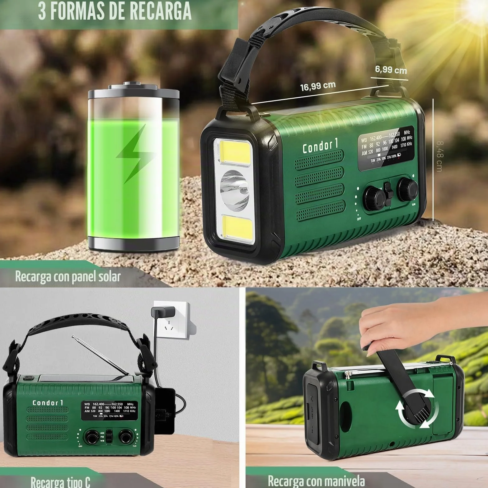 Radio de Emergencia 20000 mAh Solar de Manivela AM/FM con Cargador Teléfono SOS Linterna