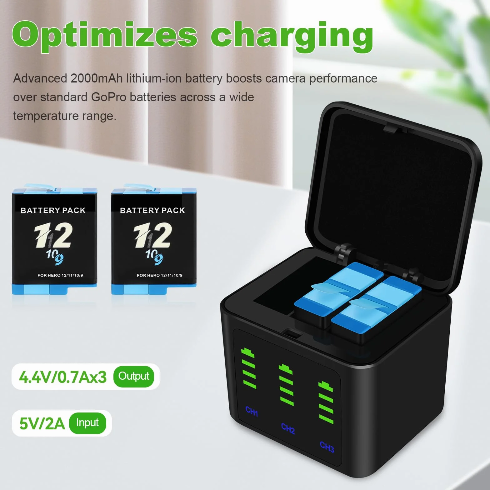 ASUNCELL 2000mAh Hero 12 Batería Recargable 2 baterías de Iones de Litio con Tres Cargadores para GoPro Hero 12 11 10 9 Negro