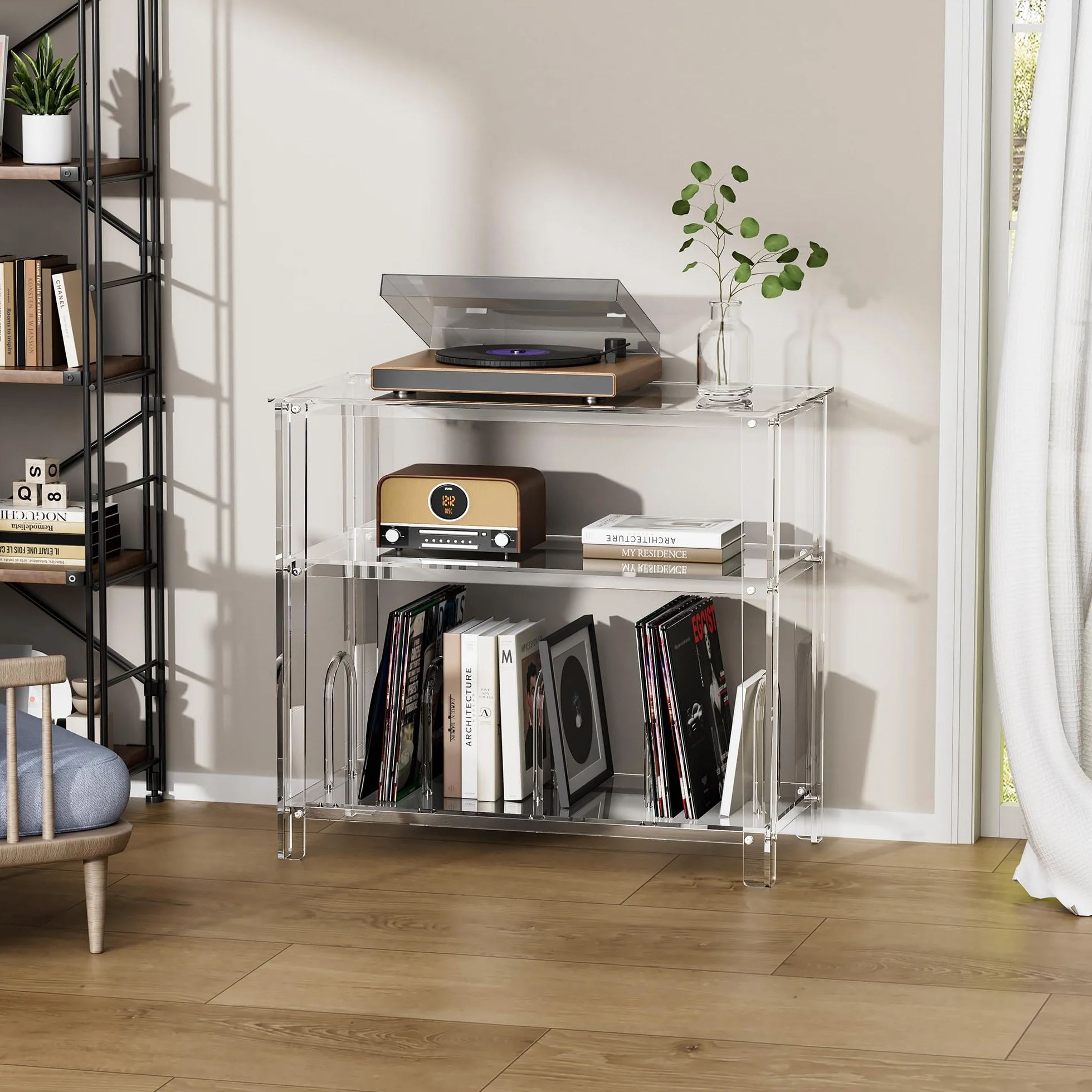 Mueble Tocadiscos, Acrilico Metacrilato, Soporte para Tocadiscos y Vinilo, Transparente, 80 x 40 x 74 cm