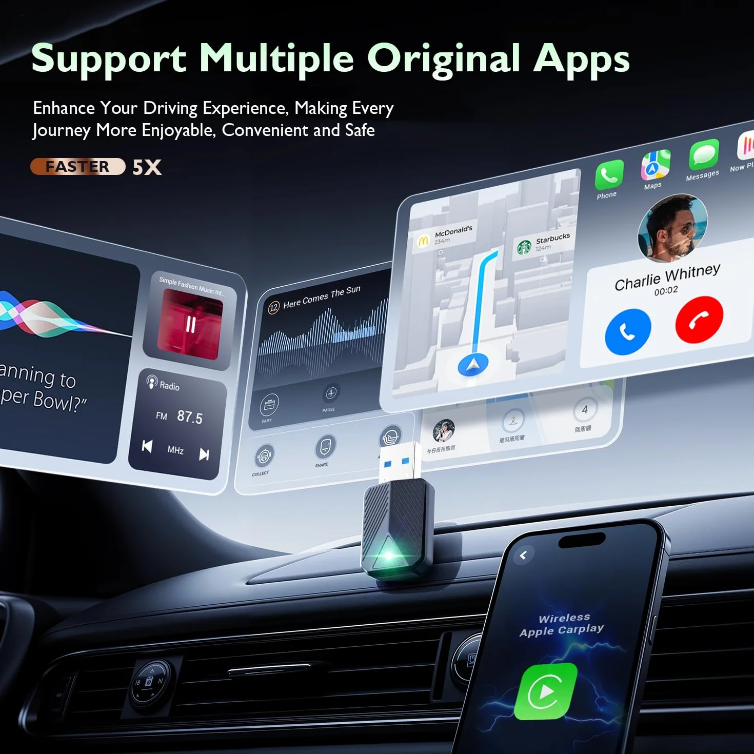 Adaptador inalámbrico CarPlay Mini dongle compatible coches 2016 iPhone iOS Negro