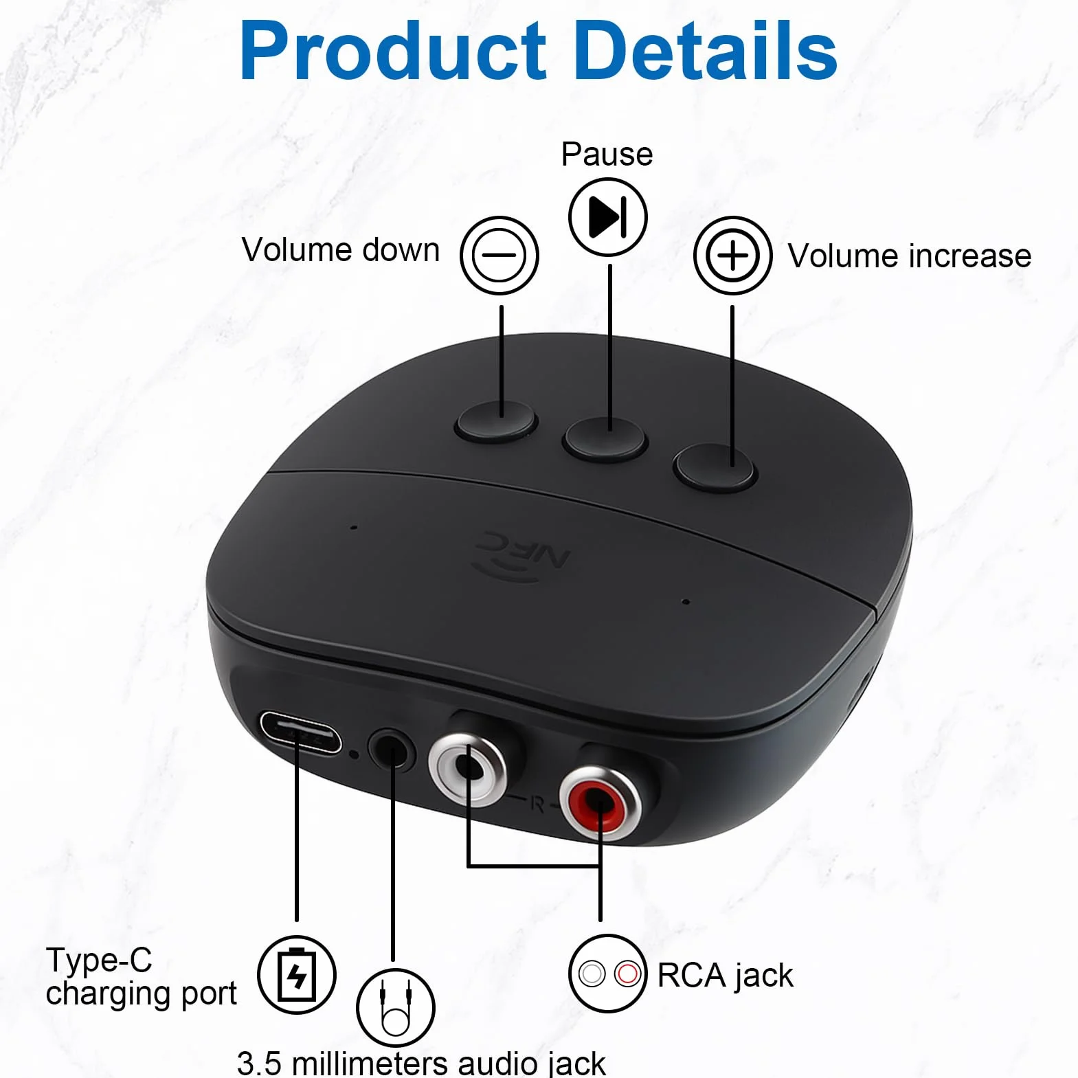 Receptor Bluetooth 5.2 con conector AUX de 3,5 mm y entrada RCA, adaptador de audio Bluetooth 5.2 para estéreo, altavoz, amplificador, audífonos, extensión NFC