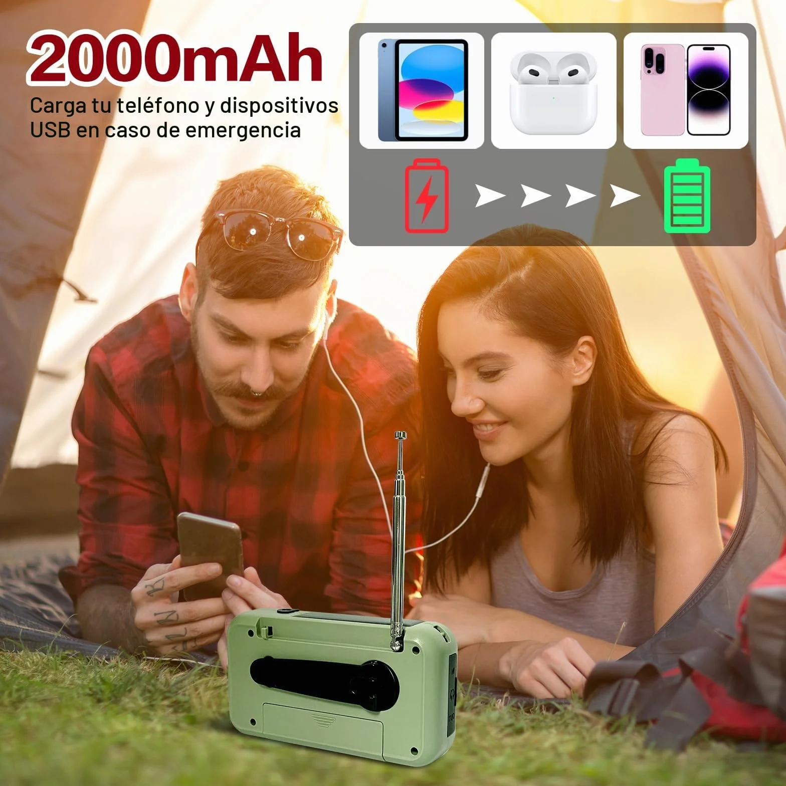 Emergency Radio Portátil Solar Recargable FM/AM Dinamo Manivela Linterna LED 2000mAh Powerbank SOS USB