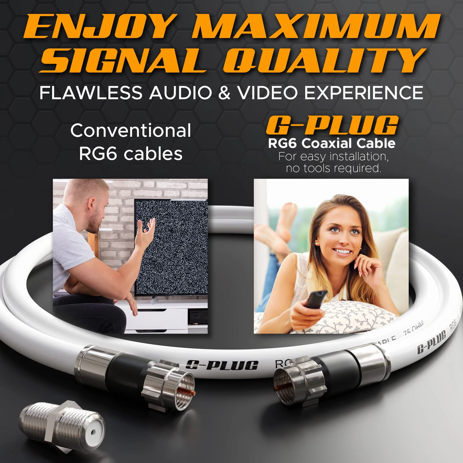 G-PLUG RG6 Set de Conectores para Cable Coaxial TV 3m – Antena TV Digital, Satélite, Internet Banda Ancha