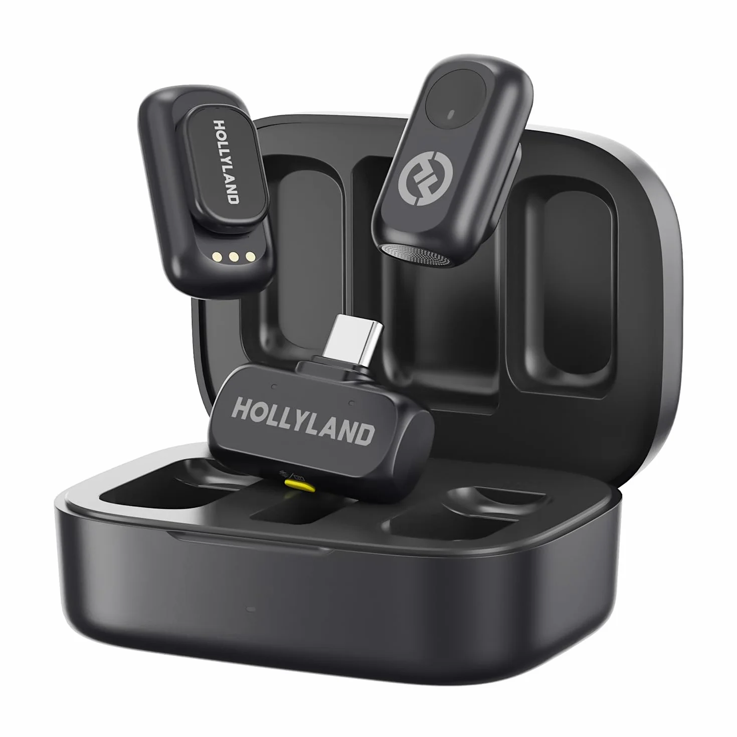 Hollyland Lark A1 Duo - Mini micrófono inalámbrico para iPhone 15/16 y Android (2 TX + USB-C RX + Estuche de Carga), micrófono magnético para Youtube, TikTok, podcasts y entrevistas (Negro)