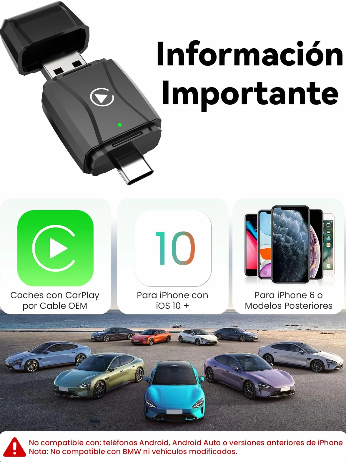 S3 Adaptador Carplay Inalámbrico para iPhone, Convierte Cableado a Inalámbrico, USB A/C Plug and Play, Compatible iOS 10+ y Coches con Car Play Desde 2016
