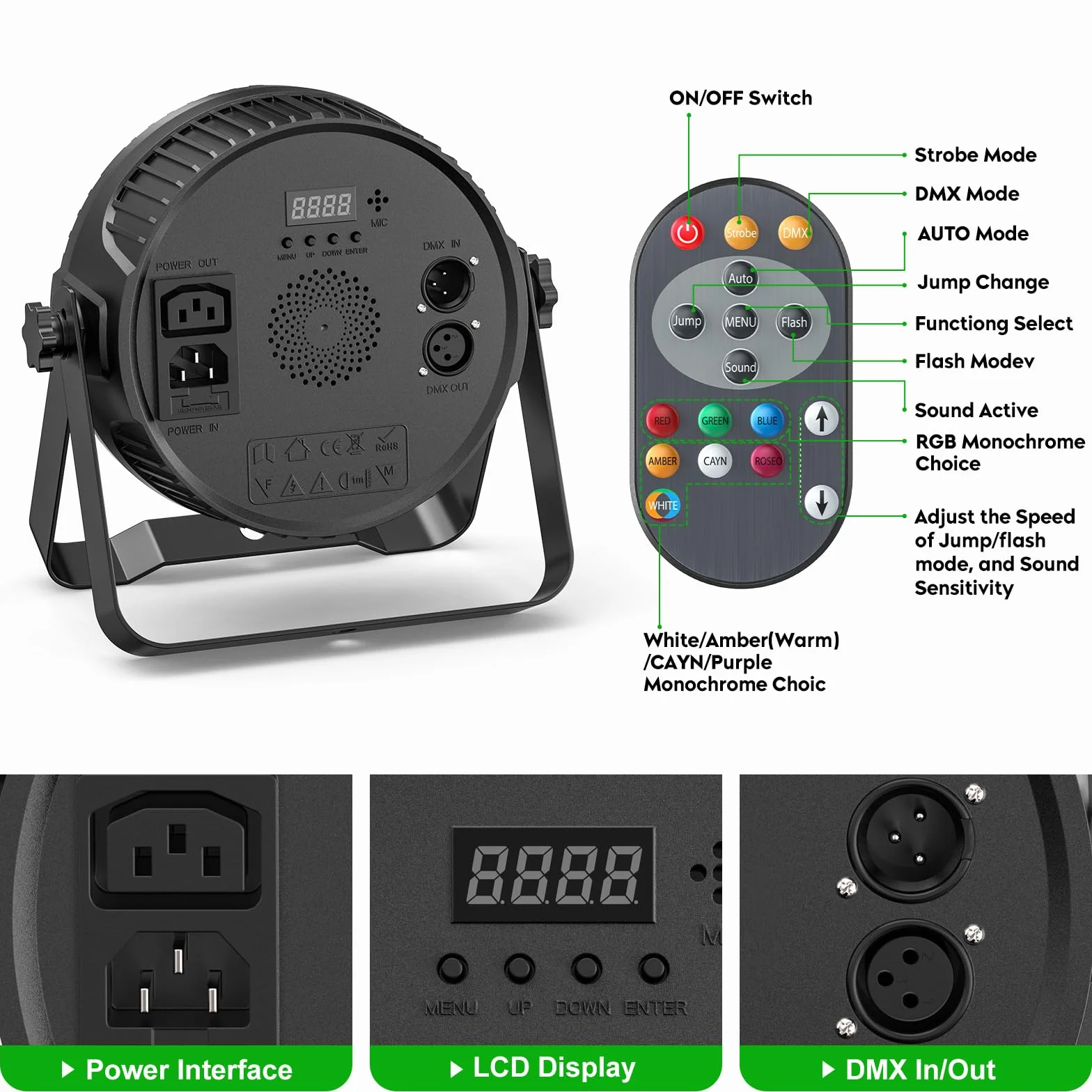 Juego de 4 focos LED par de 84 W con bolsa, 14 LED, luz de escenario, luz de fiesta, RGBW 4 en 1, DMX512, con mando a distancia, iluminación para escenario, DJ, fiesta, espectáculo, bar, Halloween,