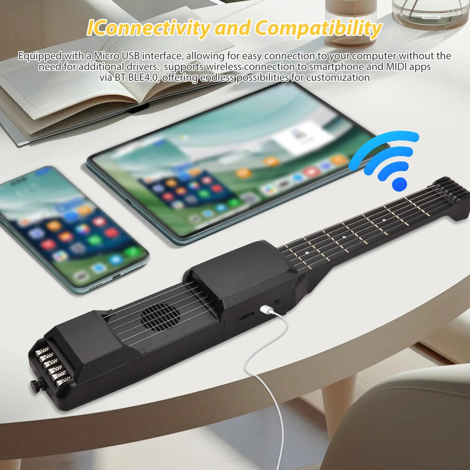Guitarra eléctrica inteligente 7 trastes guitarra de viaje portátil con sintonizador digital METRONOME MIDI Función Capo digital para principiantes Viajes negros 20.8 pulgadas