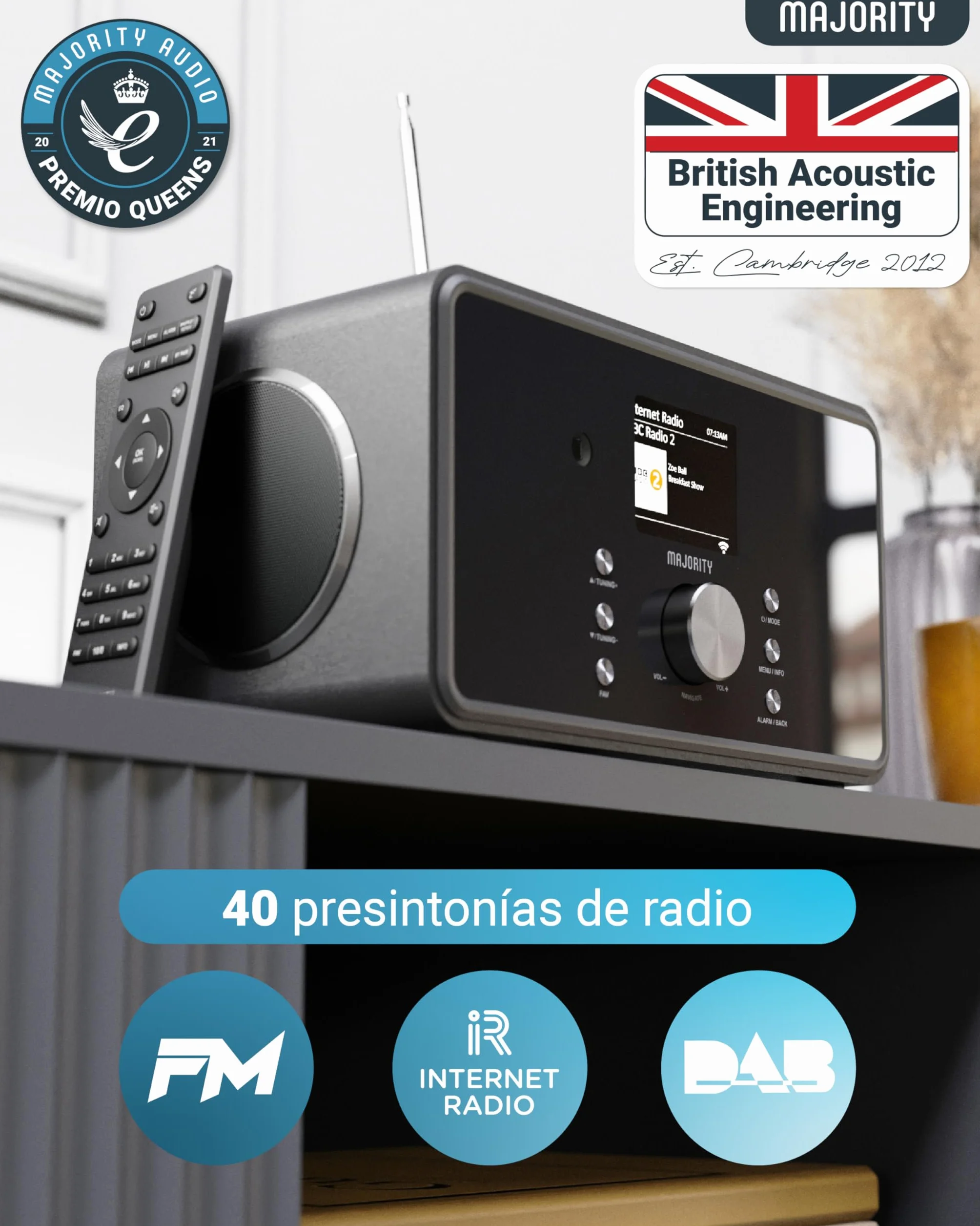 MAJORITY Bard Radio Internet con Dab+ | 2.1 100W Estéreo con Subwoofer Incorporado | Radio WiFi con Bluetooth & Despertador | Spotify Connect, Podcasts, FM, 90 Preajustes | Mando a Distancia (Negro)