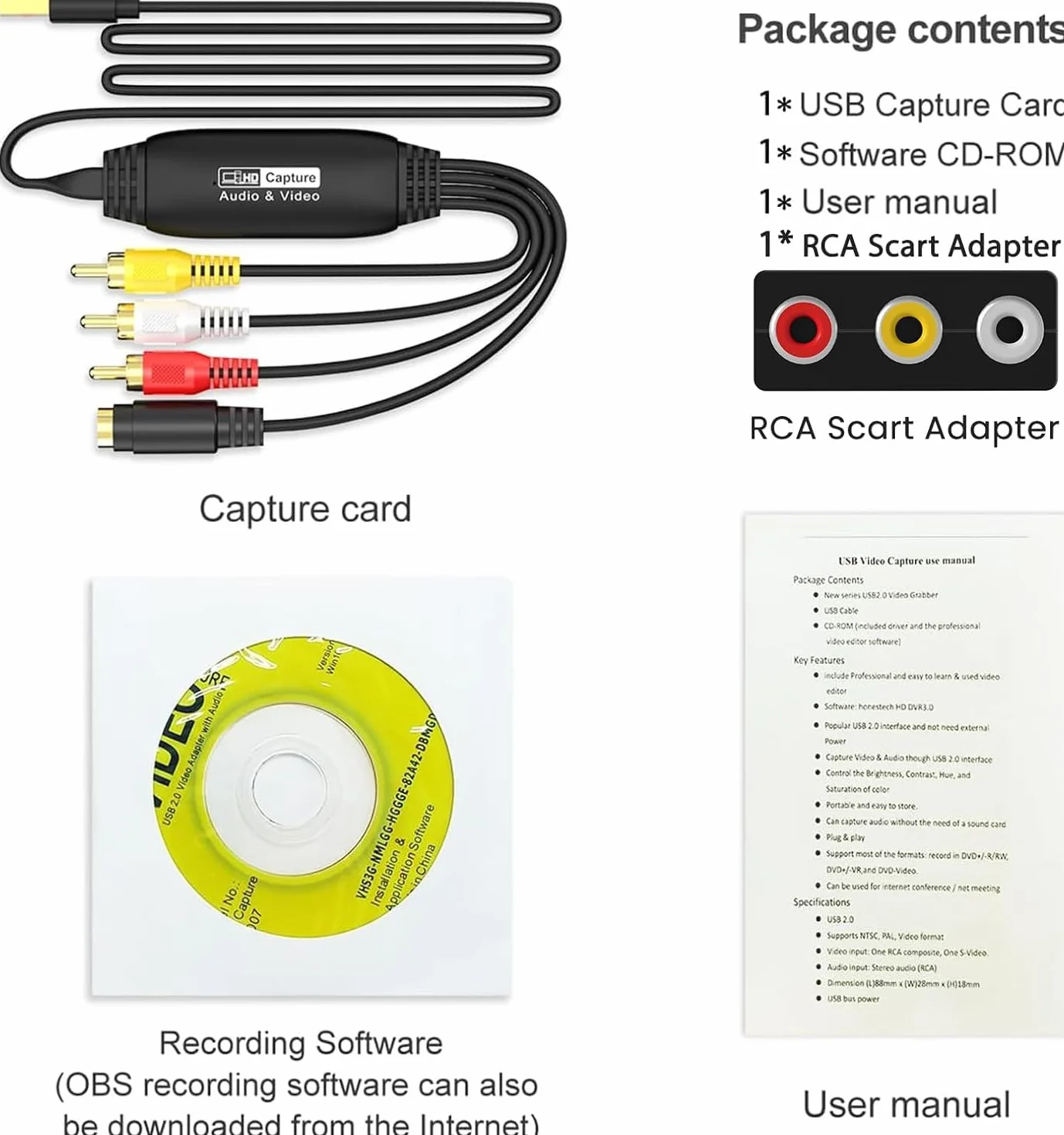 AMANKA RCA a HDMI Adaptador, Tarjeta de Captura de Video USB, Grabadora de Transferencia de Audio y Vídeo RCA AV a USB para PC, Cámara DV, DSLR, DVD, Compatible con Windows y Mac OS.