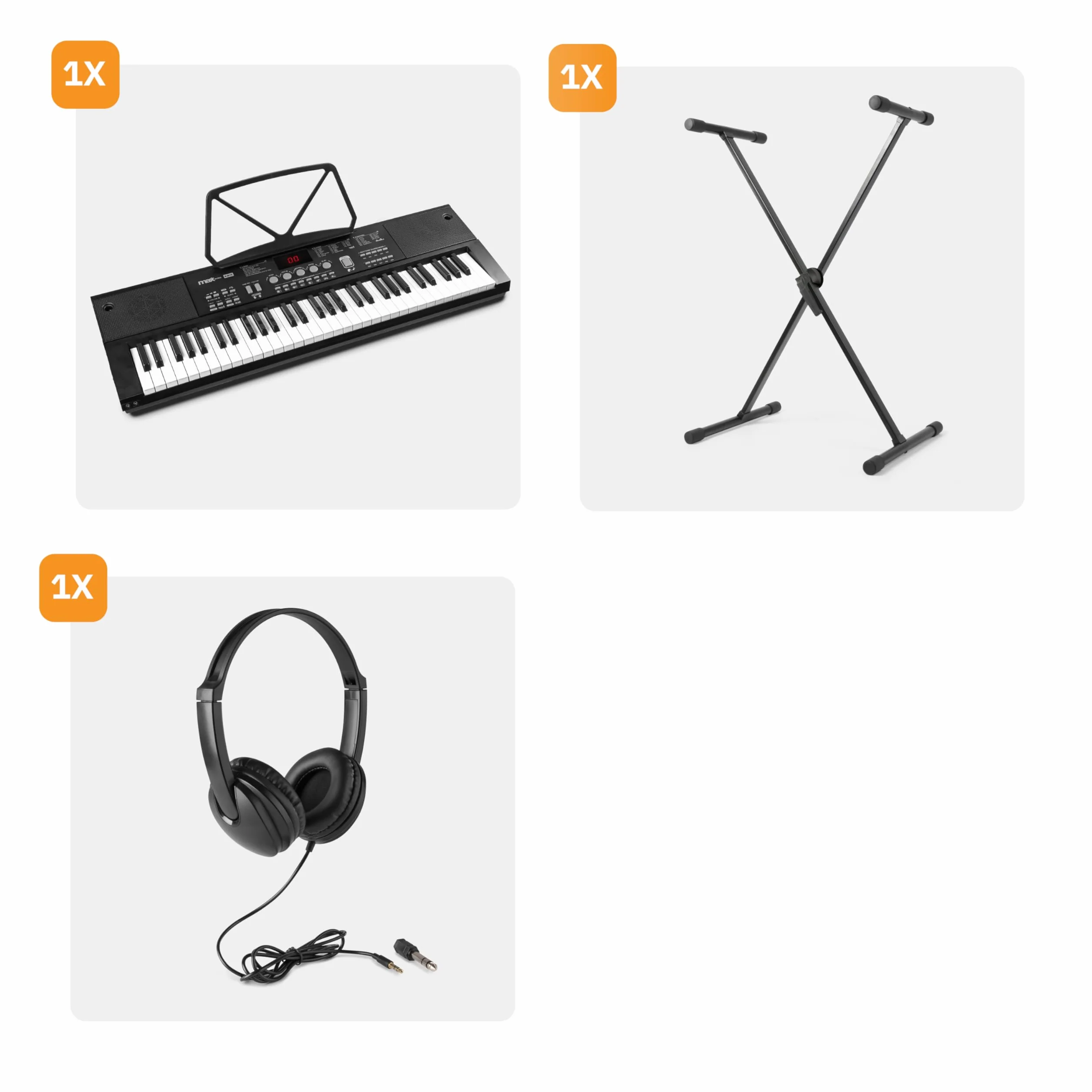 MAX KB15 - Teclado piano con 61 teclas, con micrófono, soporte para teclado y auriculares, autonomía de 8 h, pantalla LCD, 70 canciones, ideal para principiantes, 26 sonidos, 8 percusiones, USB-C