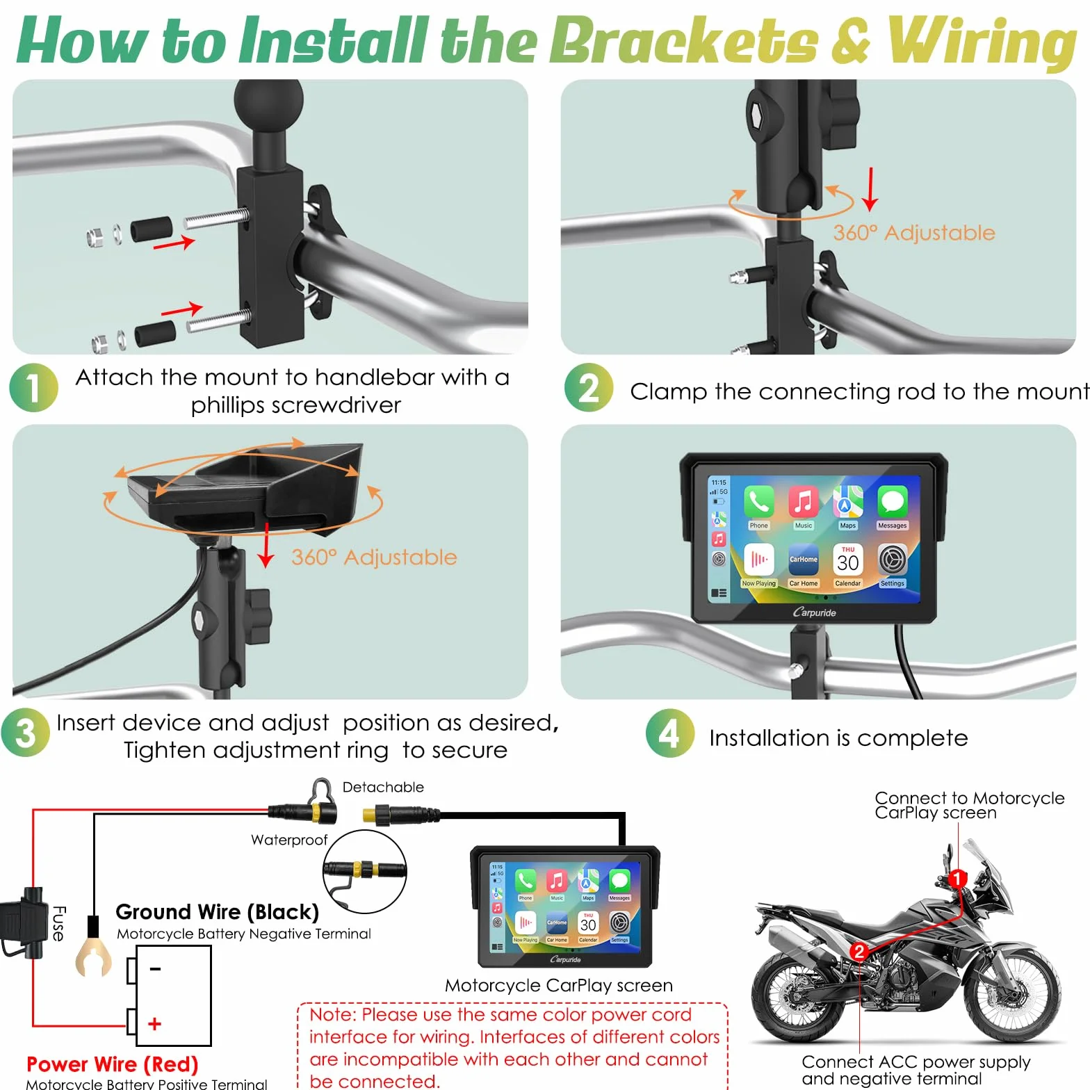 Carpuride W502 Estéreo Portátil Inalámbrico para Motocicleta IP67 Pantalla Táctil 5 Pulgadas GPS
