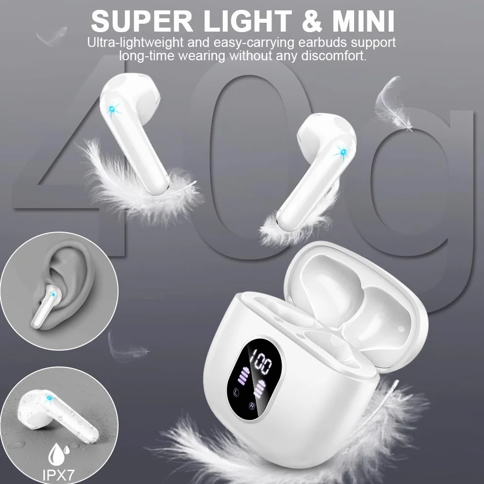 Auriculares Inalambricos, Auriculares Bluetooth 5.4 HiFi Estéreo, 50H Cascos Inalambricos Bluetooth con 4 HD Mic,New Audifonos Inalambricos Cancelacion de Ruido ENC/Pantalla LED/IP7 Impermeable/USB-C