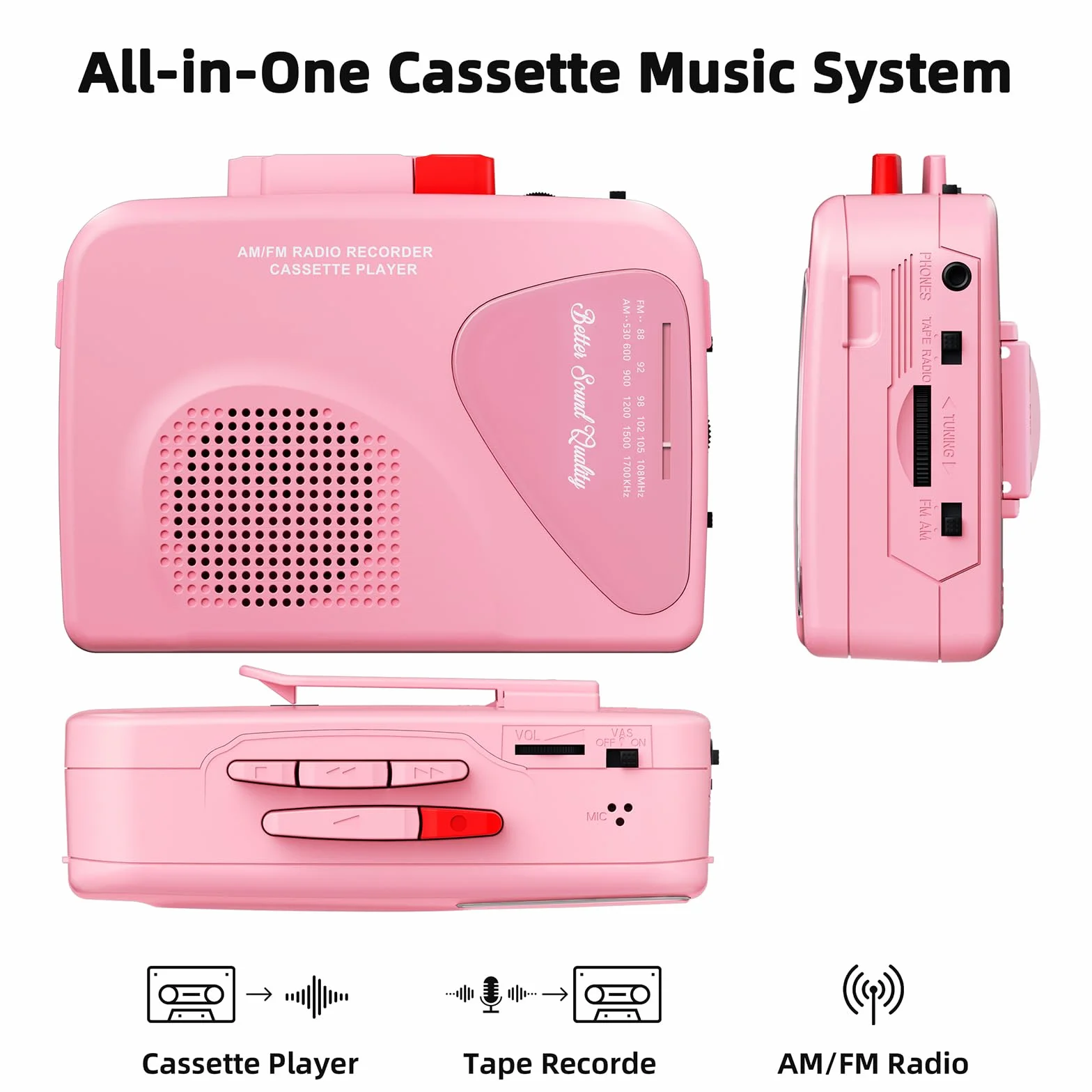 Reproductor de Casetes Portátil con Radio AM/FM, Grabadora y Altavoz Integrado