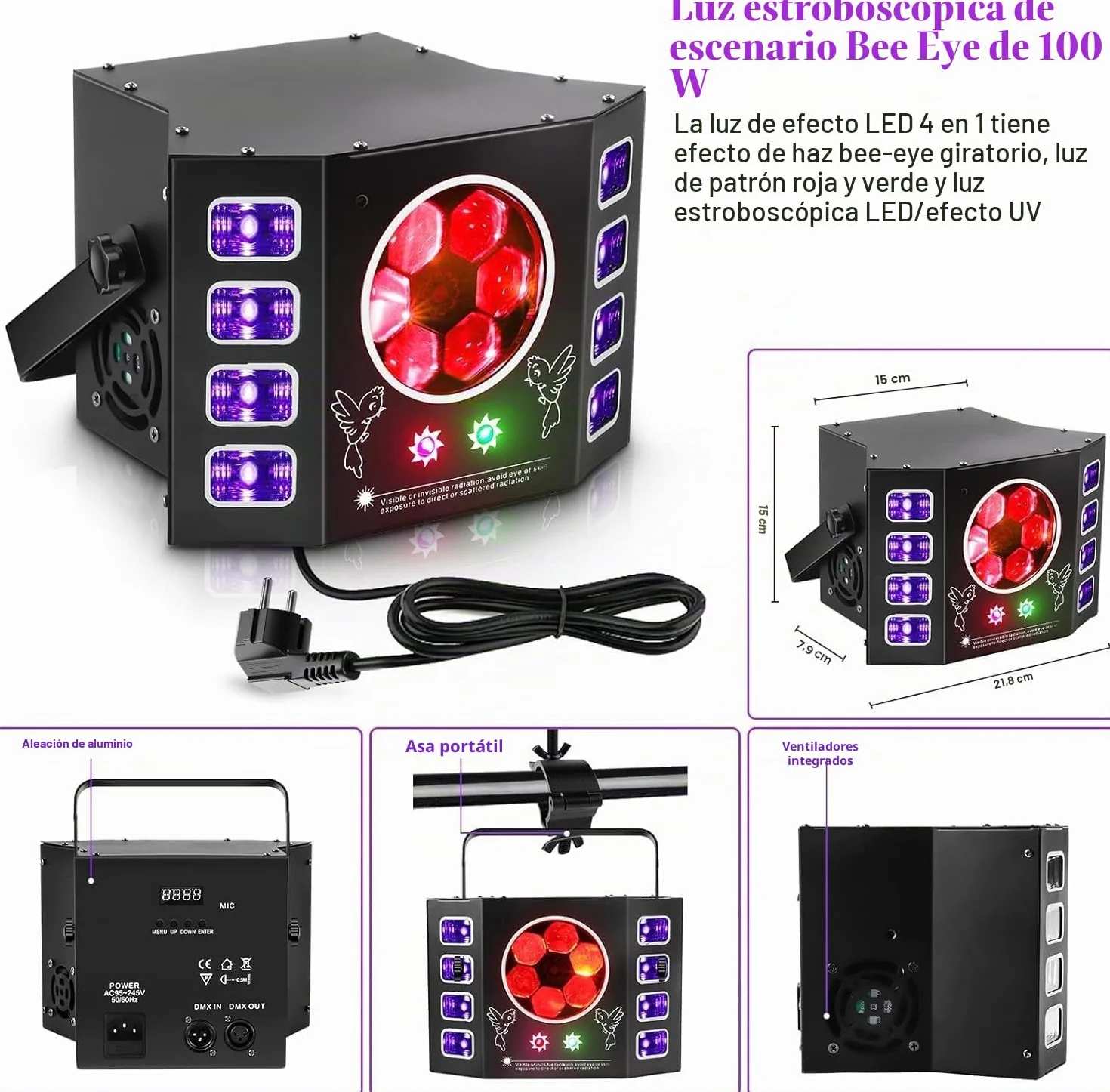 Luce discoteca 100 W, luz de fiesta, ojo de abeja, luz de flash UV, DMX de 14 canales con control de voz, mando a distancia, adecuado para bodas, fiestas de cumpleaños, Halloween, eventos de bar
