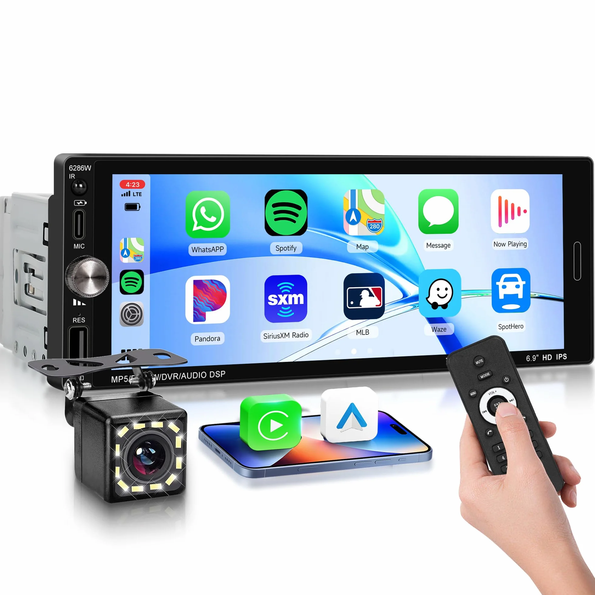 Rimoody Wireless Carplay Radio de Coche 1 DIN con 6.9 Pulgadas IPS Pantalla para Coche con Bluetooth Manos Libres FM Tipo C USB EQ Control del Volante Cámara Trasera
