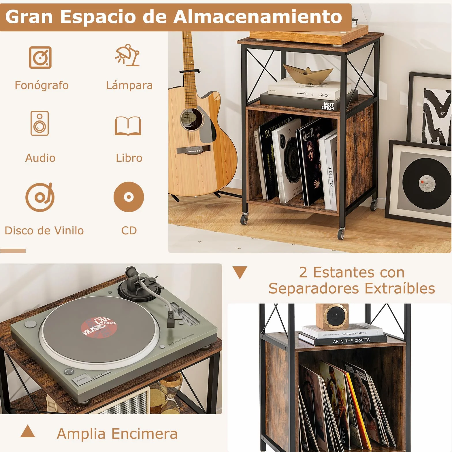 GOPLUS Soporte para Tocadiscos, Mesa para Discos con Estación de Carga Integrada, Mueble de Almacenamiento para Vinilos con Ruedas Bloqueables, Armario de Exhibición para Habitación, Sala de Estar