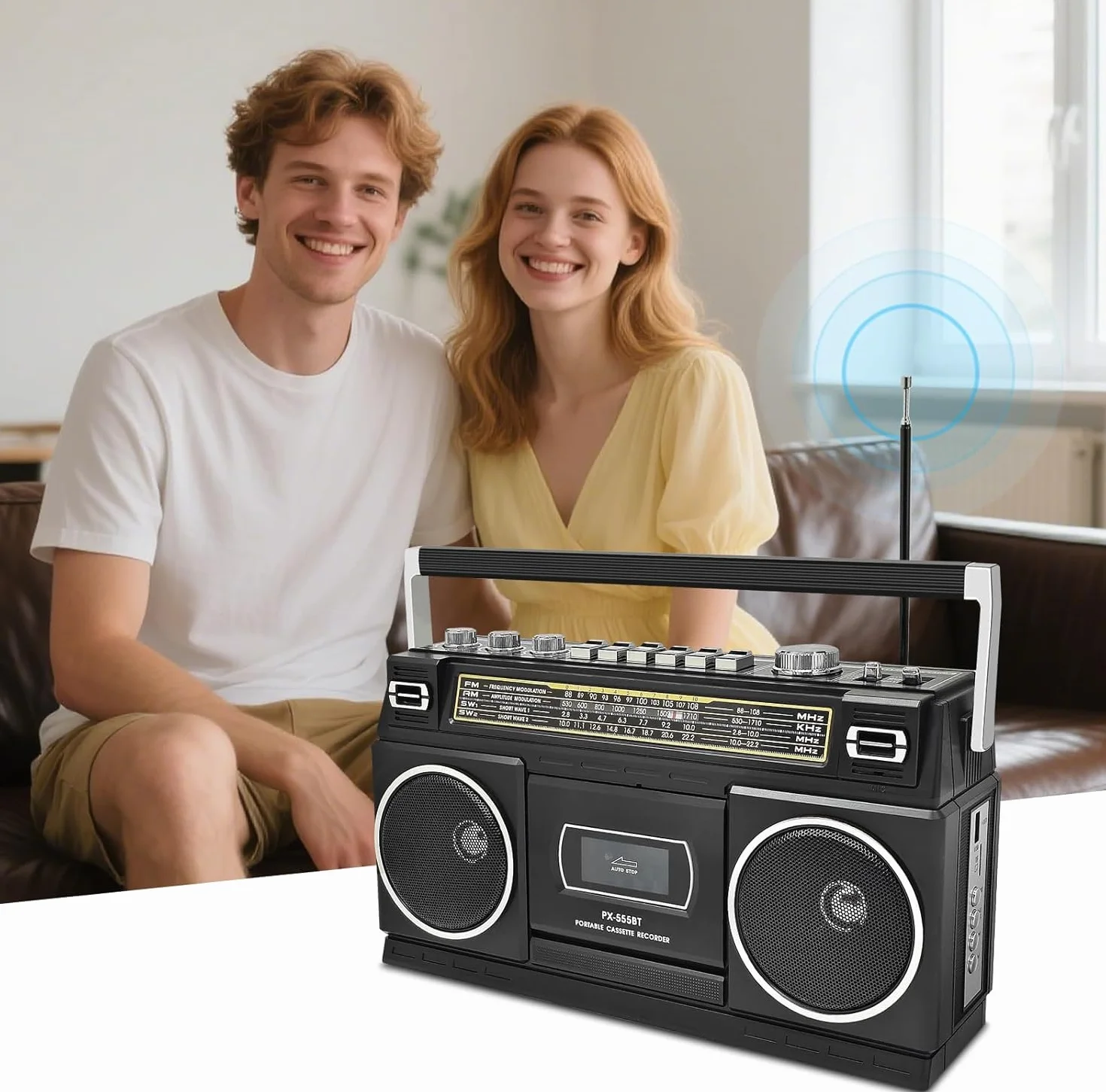 Reproductor de casetes con Bluetooth y radio (AM/FM/SW) | Digitalización de casetes a USB | Sonido estéreo, 10W, reproductor de casetes, reproducción USB/TF, alimentación por red/batería Boombox
