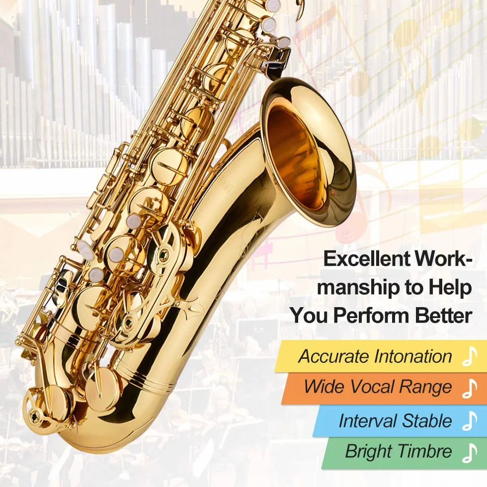 Lechnical Saxofón tenor Bb Sax Cuerpo de latón Superficie lacada en oro Instrumento de viento de madera con estuche de transporte Guantes Paño de limpieza Cepillo Sax Correas para el cuello