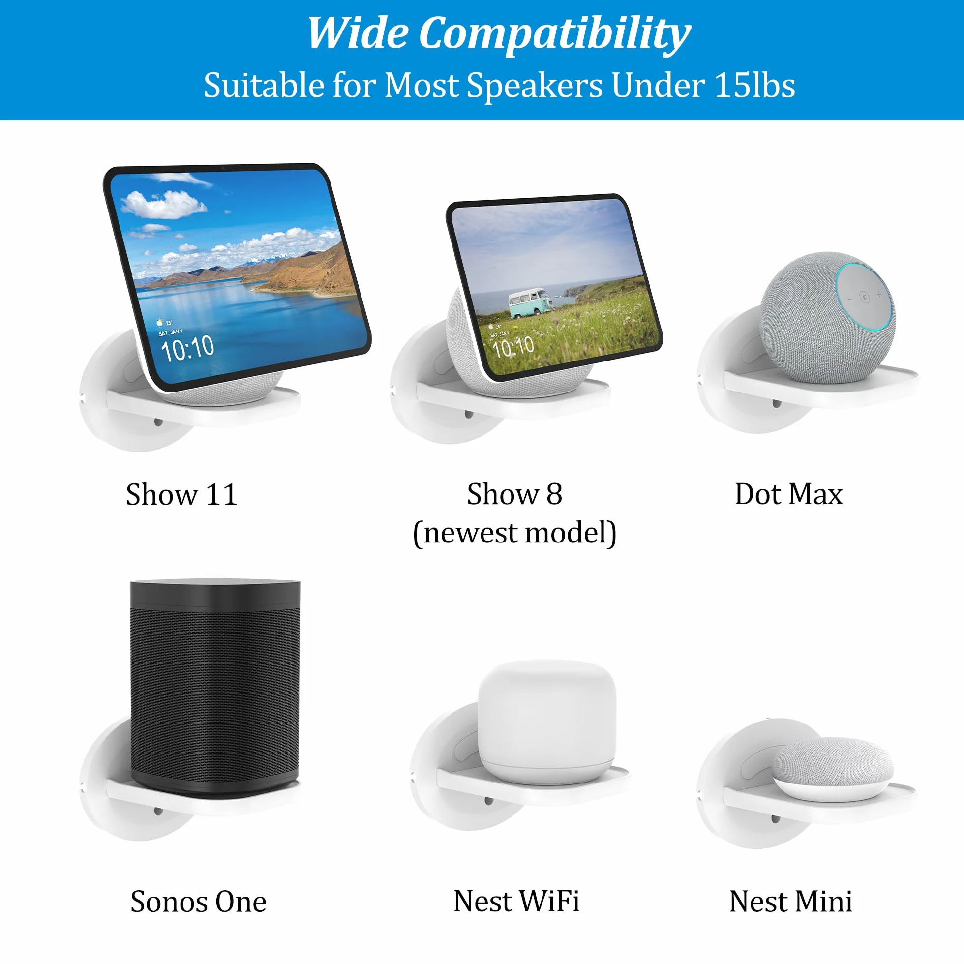 PlusAcc Soporte de Pared para Show 8 (última generación 2025) & Show 11 y Nest WiFi - Solución Que Ahorra Espacio para Todos los Altavoces de hasta 7 kg (Blanco, Lote de 1)