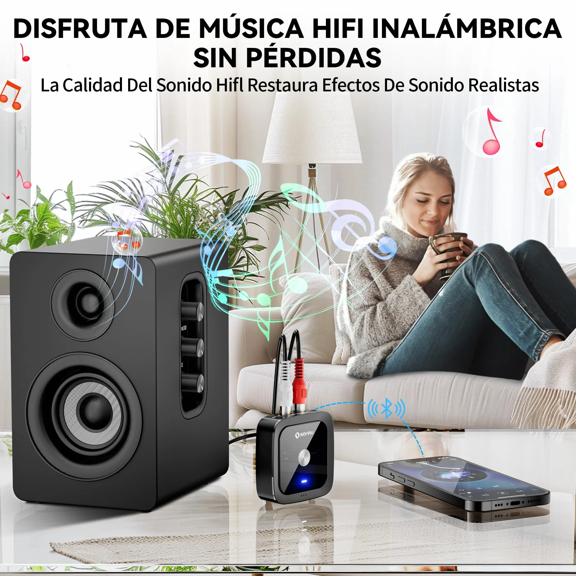 SONRU Receptor Bluetooth 6.0 HiFi, Adaptador De Audio Inalámbrico con Jack Aux 3,5 mm Y RCA,para Sistema Estéreo De Coche/Doméstico,Conexión Dual,Tiempo de Reproducción 24H