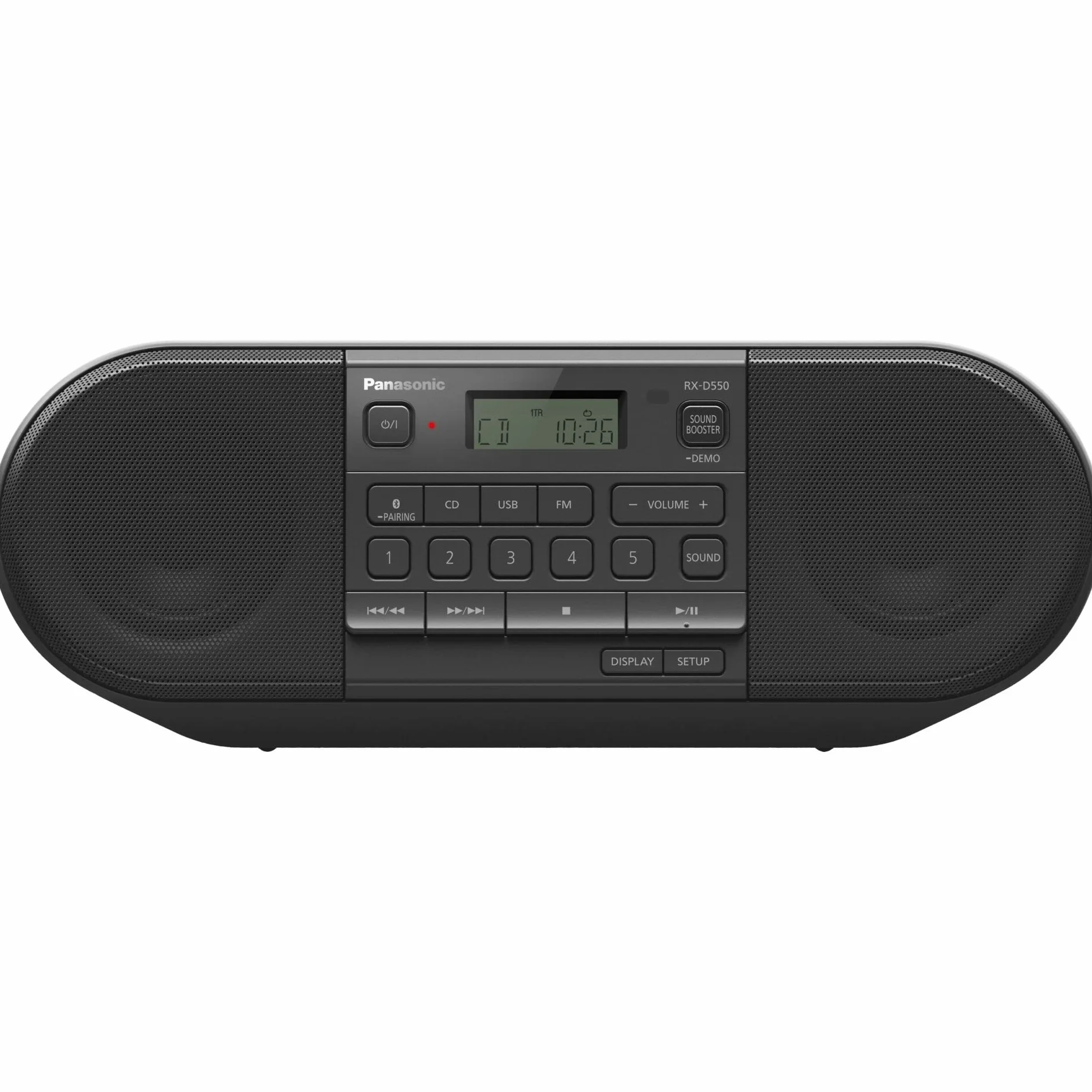 Panasonic RX-D550E-K Boombox (Radio FM, Reproductor CD, Altavoz Portátil, USB, Bluettoth, Funcionamiento con Batería y Cable) - Negro