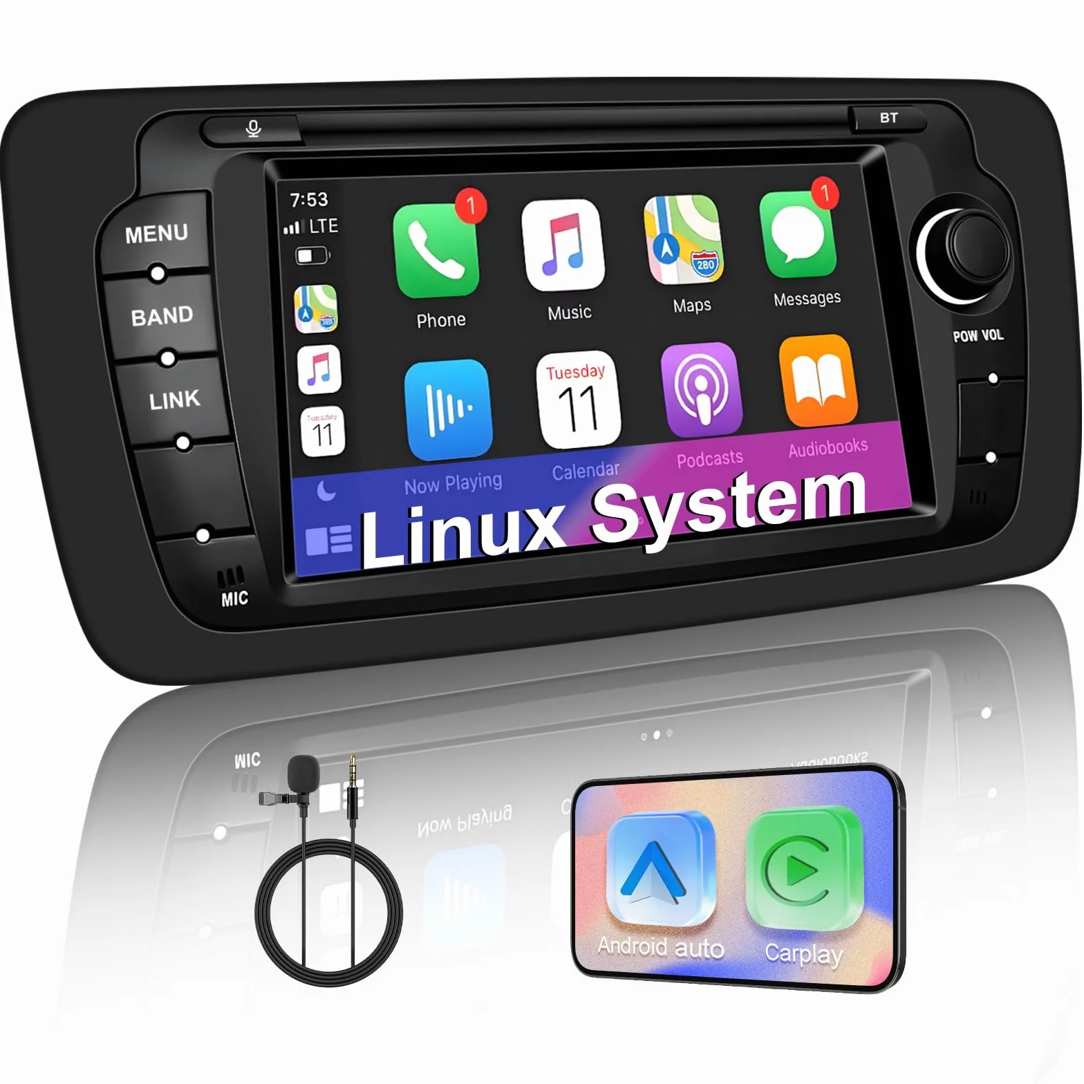 Autoradio Compatible con Seat Ibiza 6j (2009-2014) – CarPlay & Android Auto inalámbricos, Bluetooth Integrado, micrófono, Sintonizador Am/FM RDS, Puerto USB y función DSP/Subwoofer