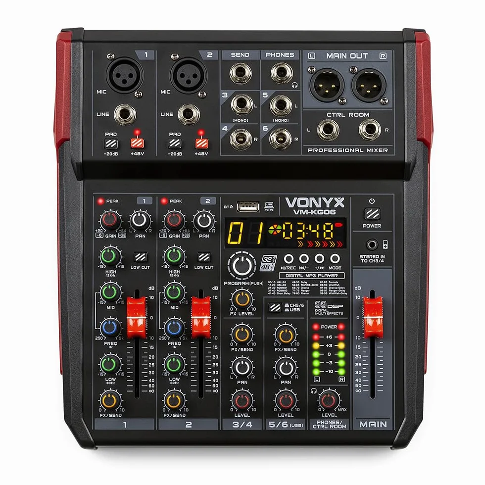 Vonyx VM-KG06 Mezclador analógico de audio de 6 canales con Bluetooth para grupos de música, 2 entradas XLR de micrófono con +48v, 2 entradas de linea con jack, Procesados de efectos DSP, USB/MP3