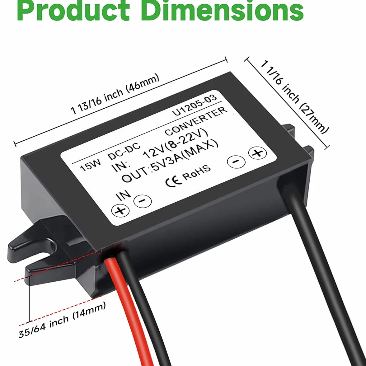 Greluma 1 Pieza Convertidor Impermeable de 12V a 5V 3A, Puertos duales USB/Micro USB DC-DC módulo Reductor Adaptador de Corriente Compatible con Raspberry Pi 4, teléfono móvil, Coche