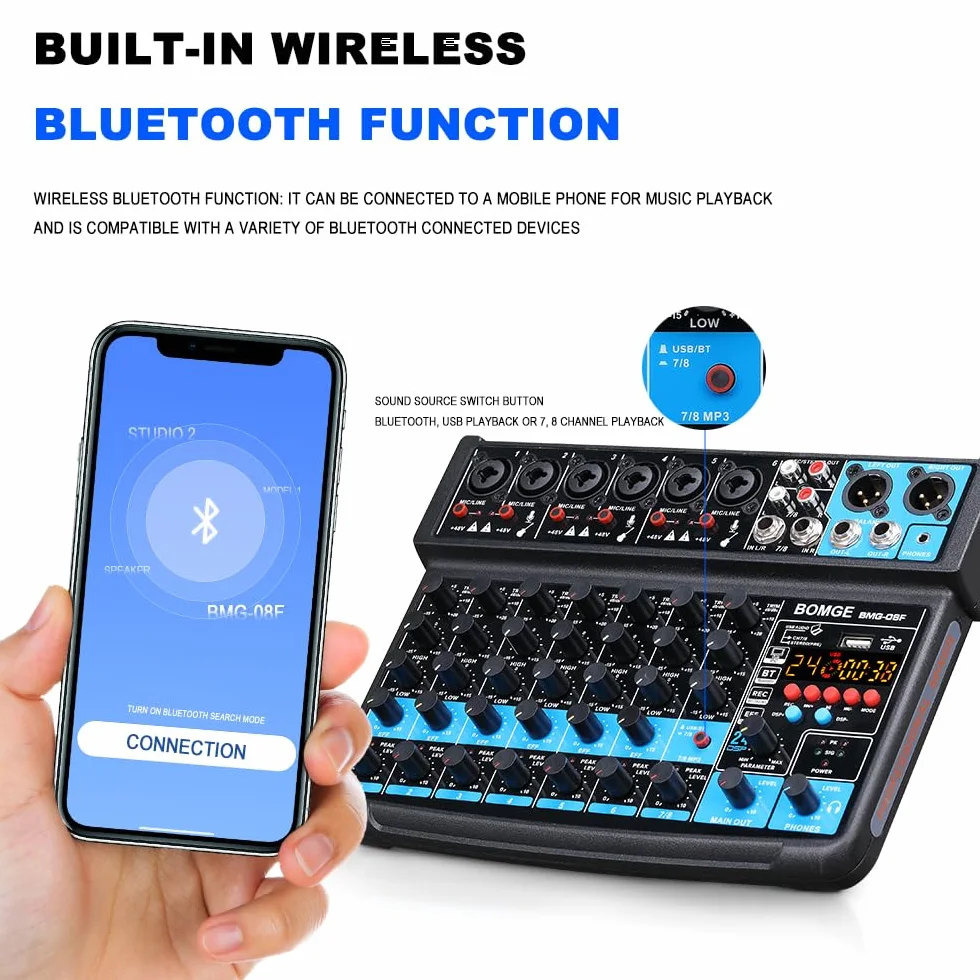 BOMGE Mini mezclador de audio de 8 canales, CC 5 V, con reproductor de MP3, Bluetooth, U disco 48 V, efectos 24DSP, grabación USB, ideal para clubes pequeños o bares, grabación de estudio (8 canales