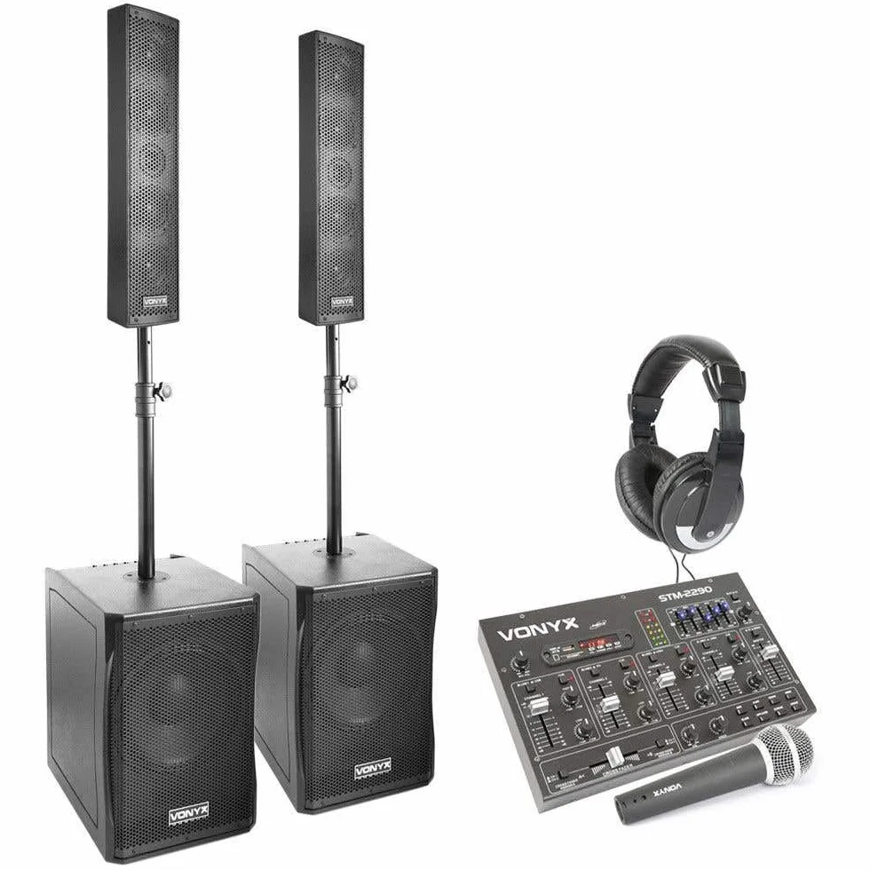 Vonyx VX1200 – Pack Completo DJ con 2 Sistemas 1500W totales, Mezclador STM2290 con Bluetooth, micrófono DM58, Auriculares SH120 y cableado, Equipo de Sonido Profesional para Eventos, Color Negro