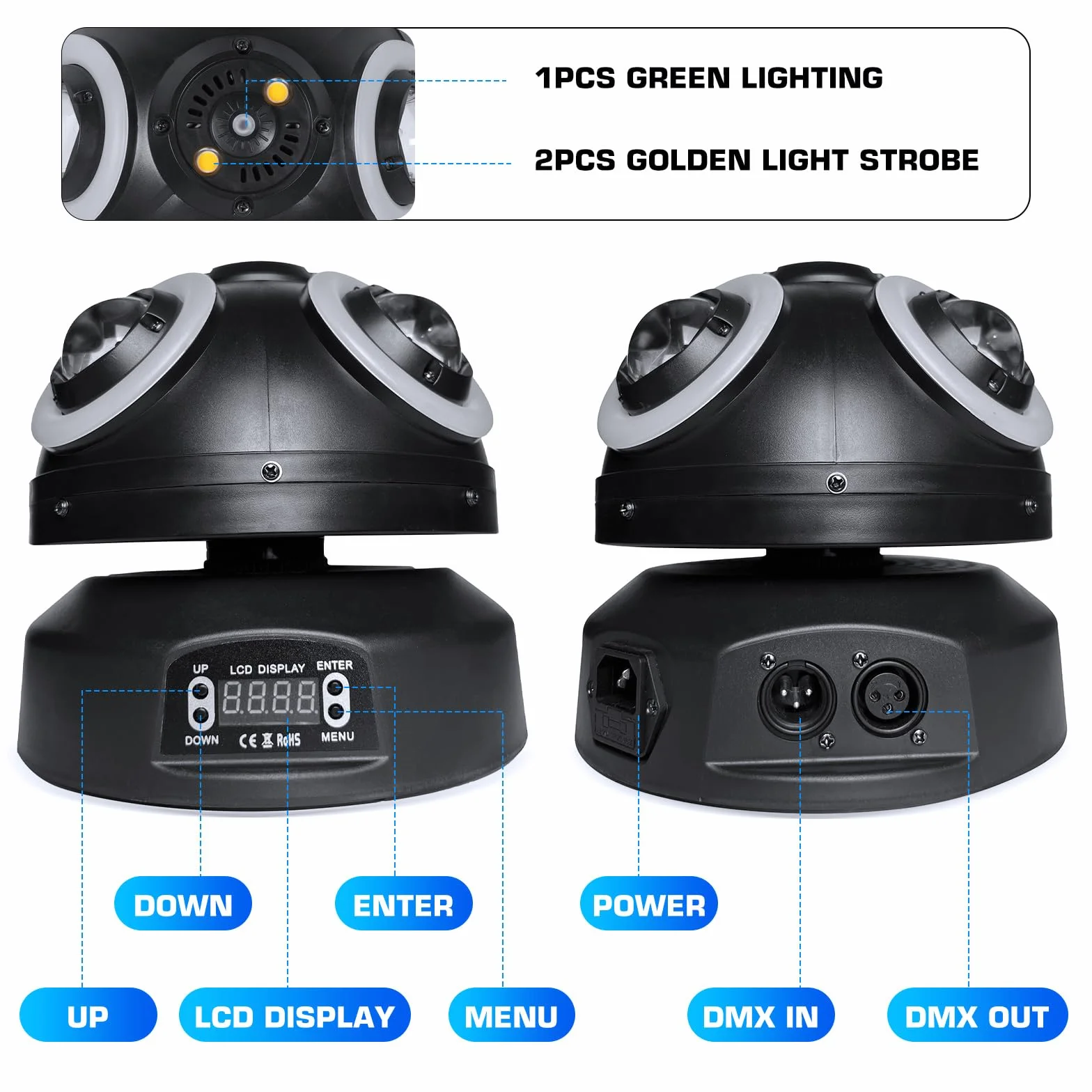 Luz de Escenario de Cabeza Móvil 70W, 4pcs RGBW LED Perlas de alto brillo con Luces de Fiesta de apertura dorada, d-mx512 giratorio de 540 ° activado por voz para Navidad, KTV, discoteca, fiesta