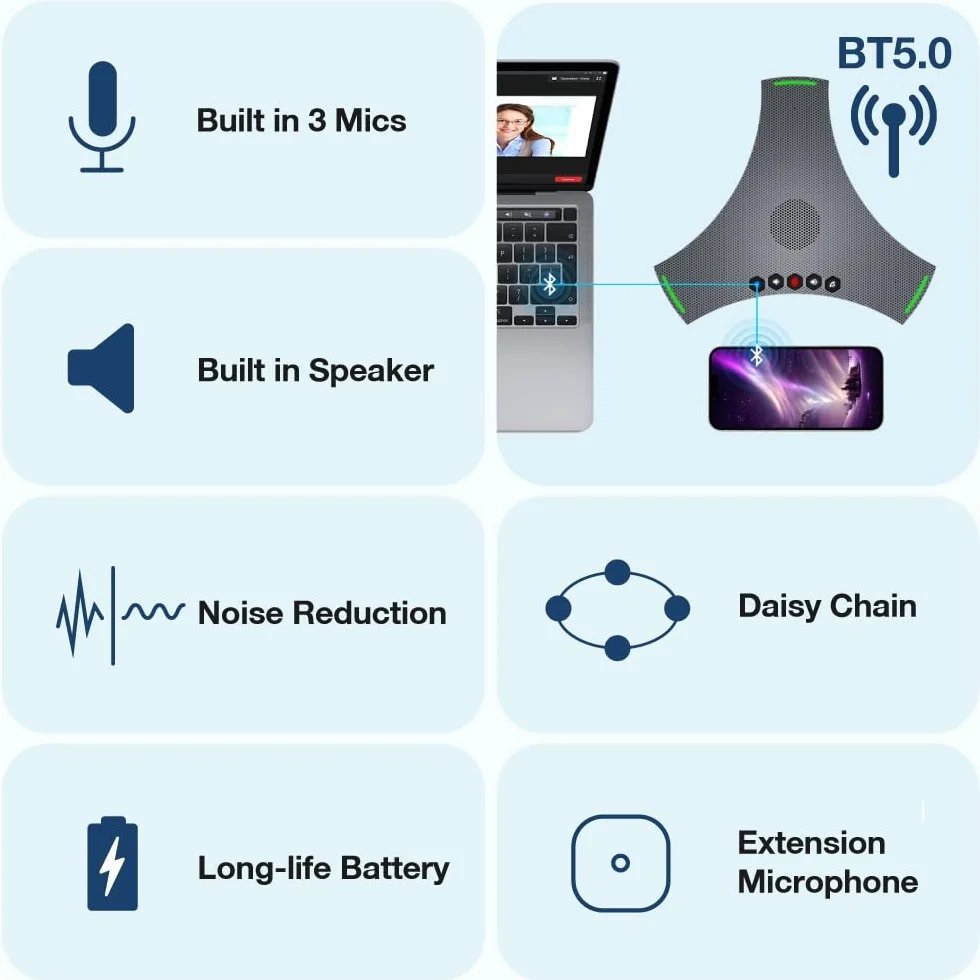 Octopus Ultra, Altavoz y Microhpone de conferencia con micrófono de extensión, reducción de ruido y eco, conexión Bluetooth, USB y conexión en margarita
