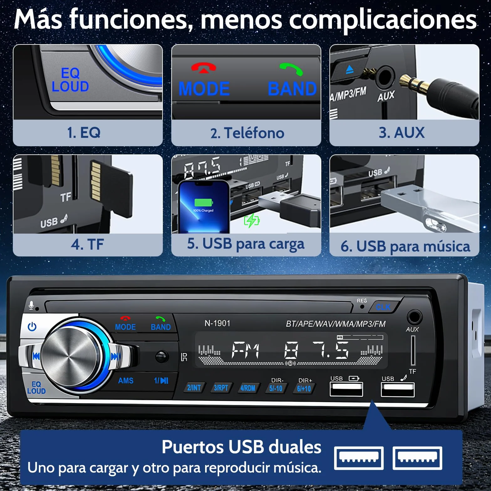 Radio Coche Bluetooth,Wistrue Radio Coche 1 DIN FM Autoradio Bluetooth soporta 2USB/AUX/SD/TF/Control Remoto/Carga Rápida, Compatible con iOS & Android (Sin CD/DVD)