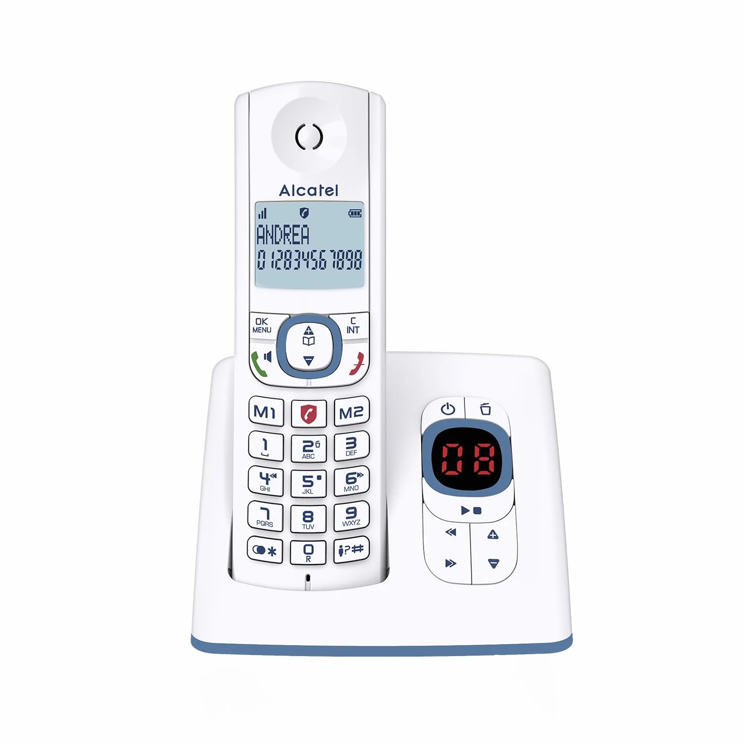 ALCATEL F530 Voice Teléfono inalámbrico DECT contestador automático pantalla retroiluminada manos libres bloqueo llamadas 2 teclas memoria directa Blanco Azul