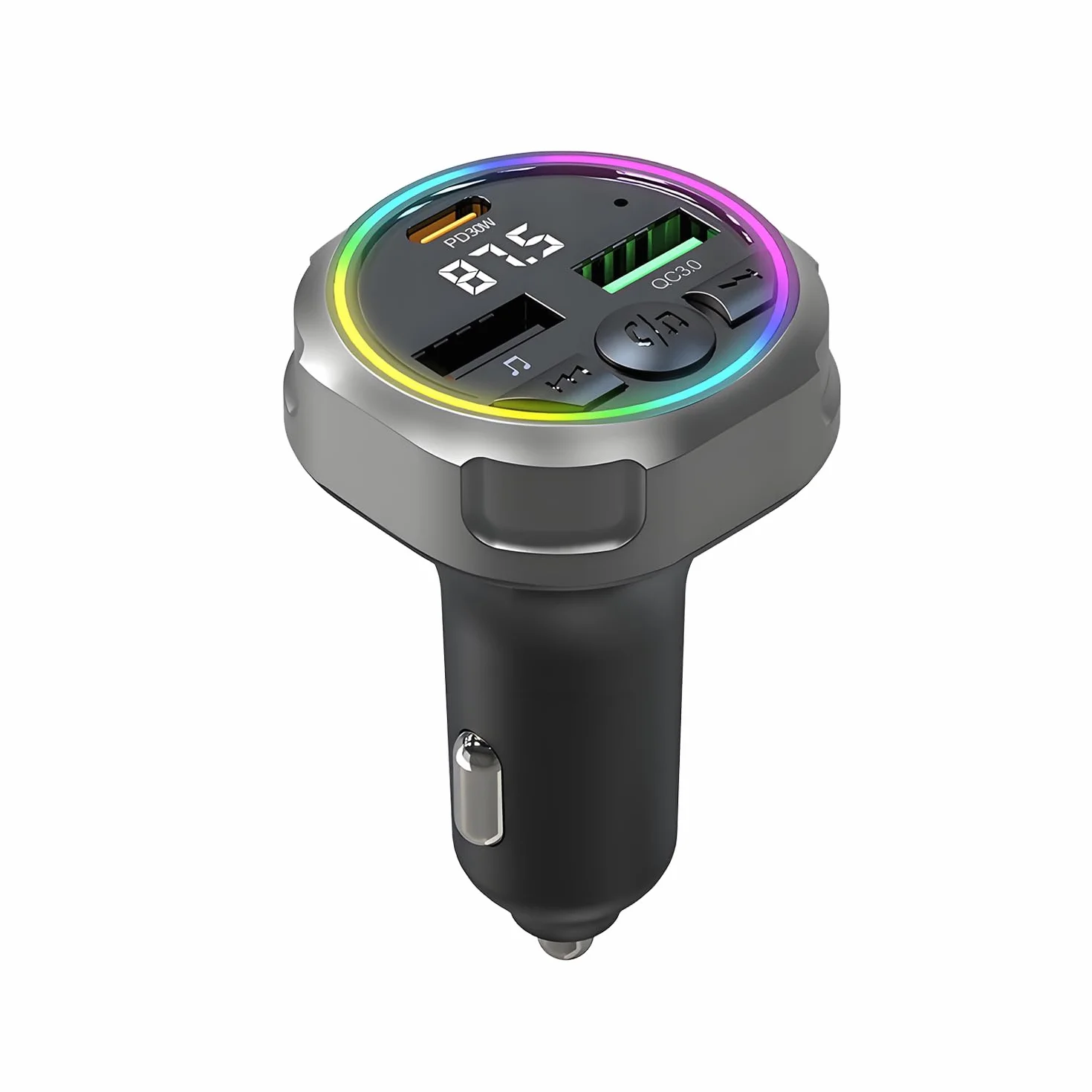 Qumox Transmisor FM Bluetooth 5.3 para Coche, Cargador PD 30W + QC3.0, Luz Ambiental RGB, Puertos USB Dobles, Manos Libres, Audio Hi-Fi, Compatible con iPhone/Samsung/Todo Tipo de Vehículos