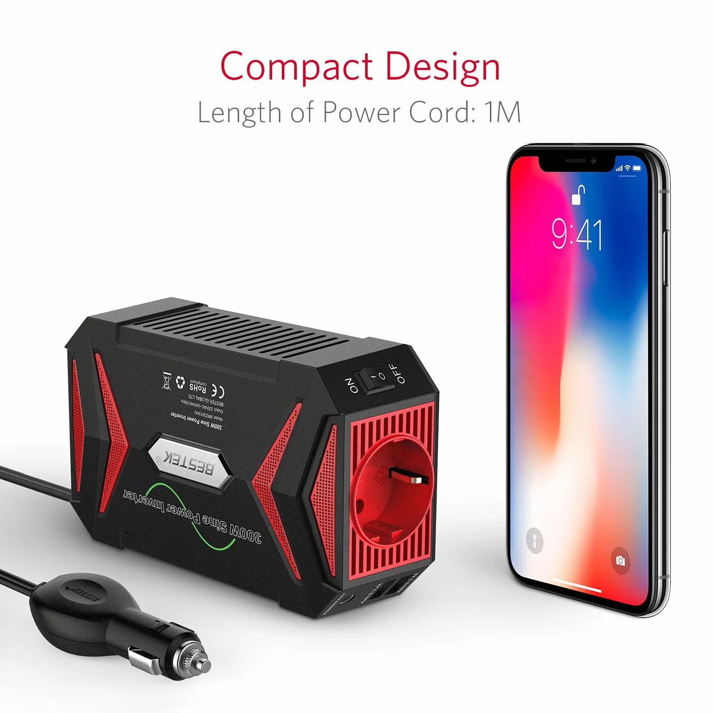 BESTEK Inversor 12v a 220v Onda Pura 300W Conversor para Coche Onda Sinusoidal Transformador con 2 Puertos de USB y 1 Toma de AC, Adaptador de Mechero Coche para Portátil, Movíl
