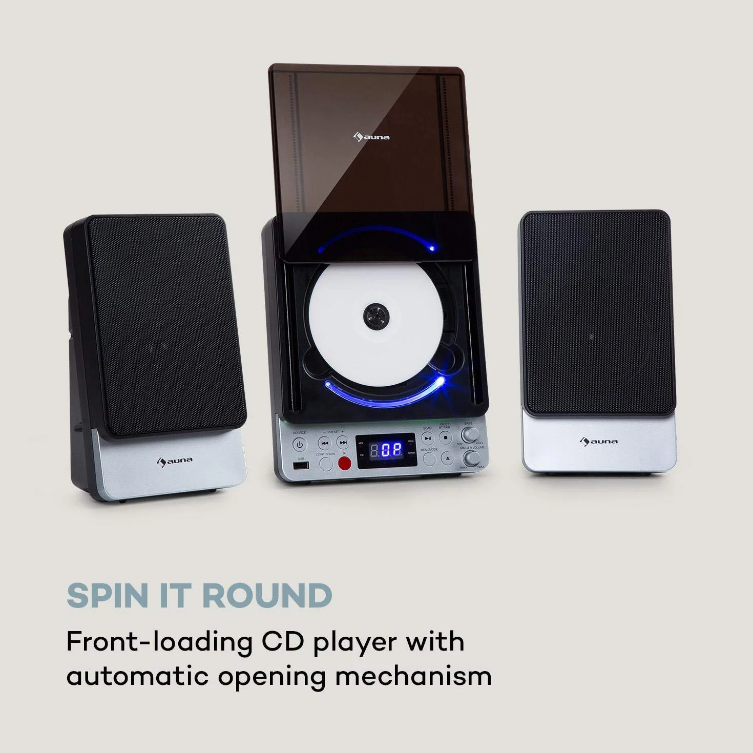 auna Microstar – Minicadena de música Vertical, Reproductor de CD, Bluetooth, Altavoces estéreo, USB, Pantalla LCD, iluminación LED, Vertical o en Pared, Entrada AUX/Salida de vídeo, Plateado