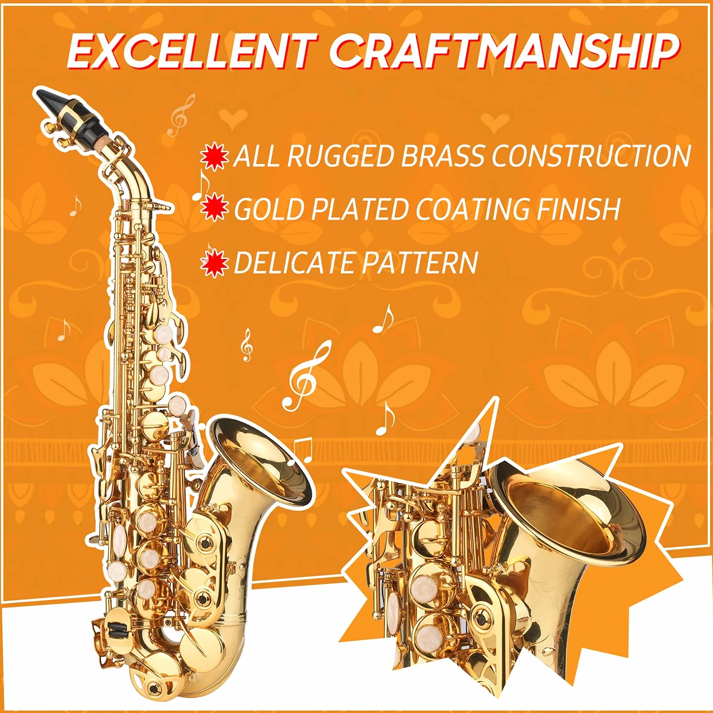 HUIOP Saxofón Soprano BB de Latón Lacado Dorado - Estuche, Boquilla, Correa, Paño de Limpieza y Cepillo para Músicos Principiantes