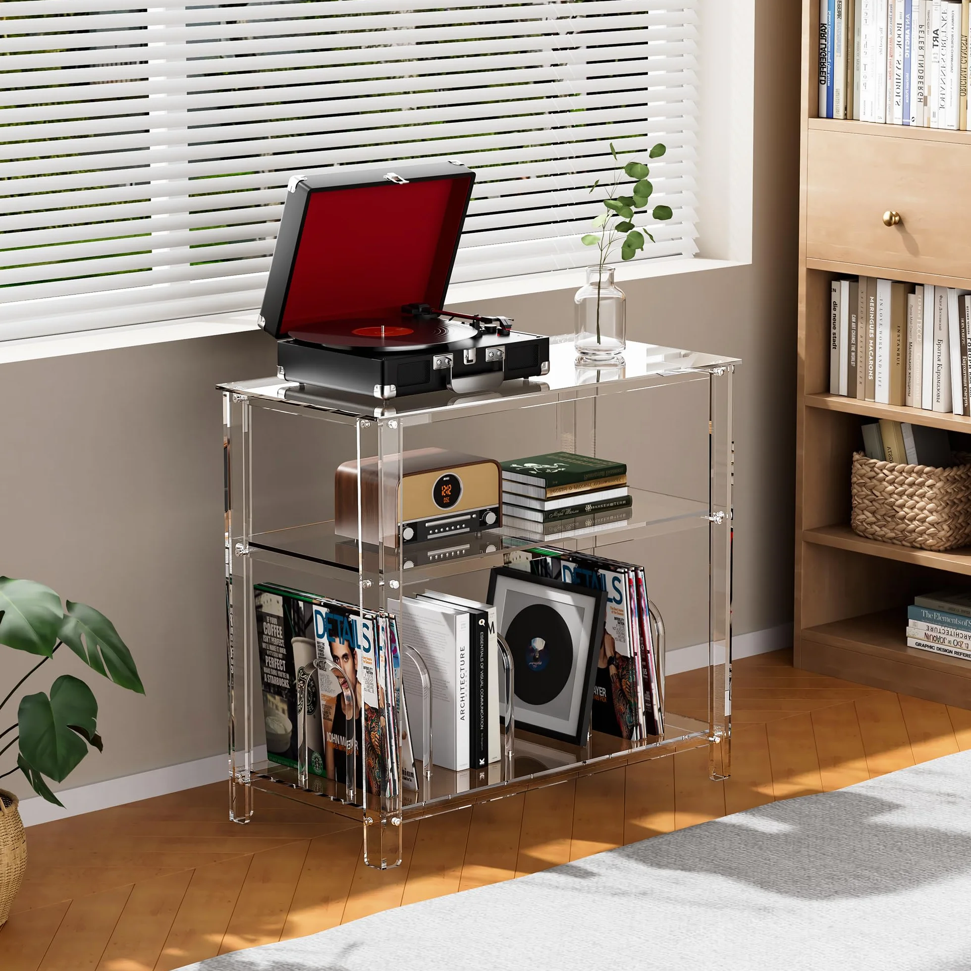 Mueble Tocadiscos, Acrilico Metacrilato, Soporte para Tocadiscos y Vinilo, Transparente, 80 x 40 x 74 cm